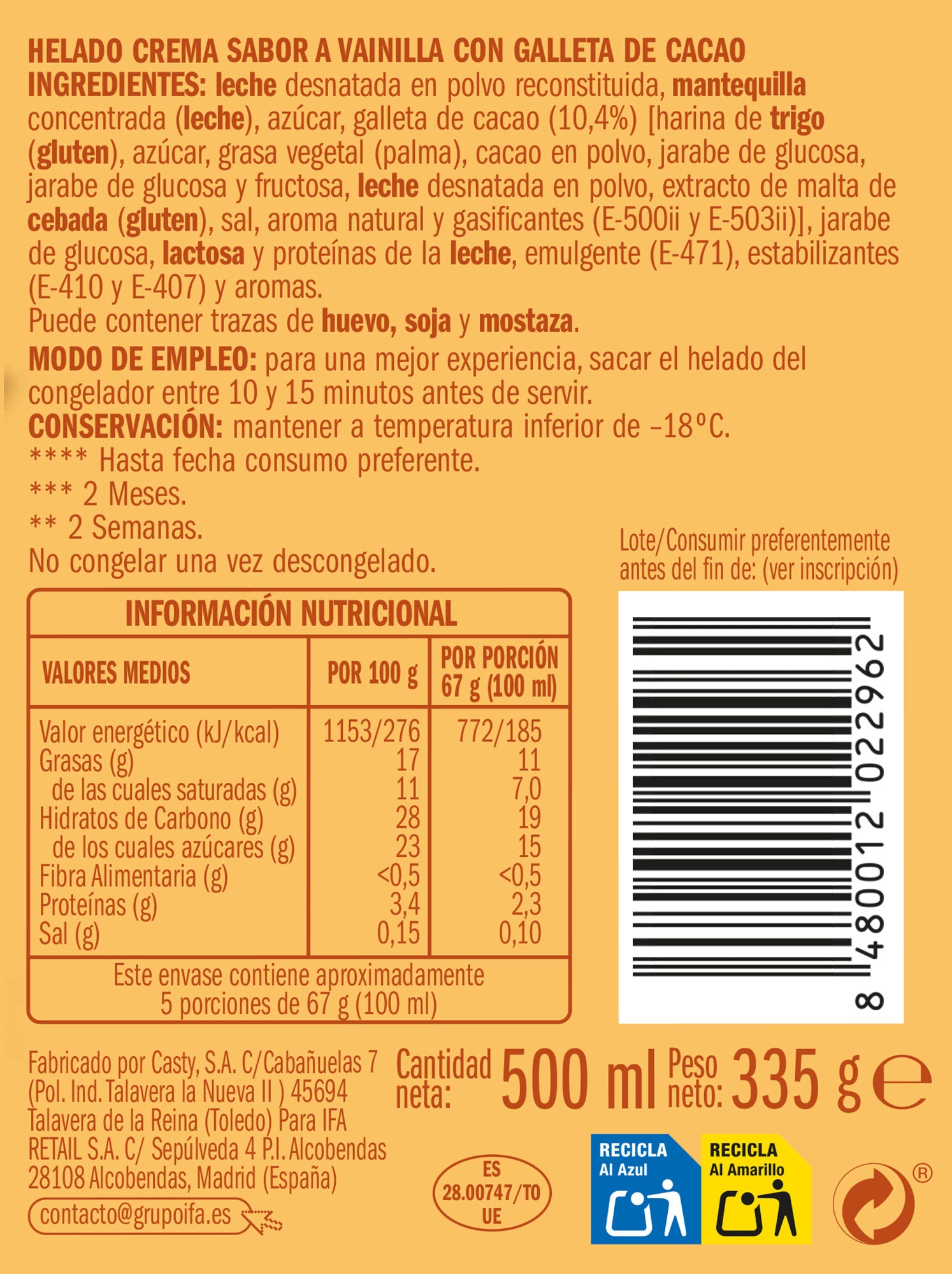 Helado tarrina vainilla c/cookies Ifa eliges 500ml