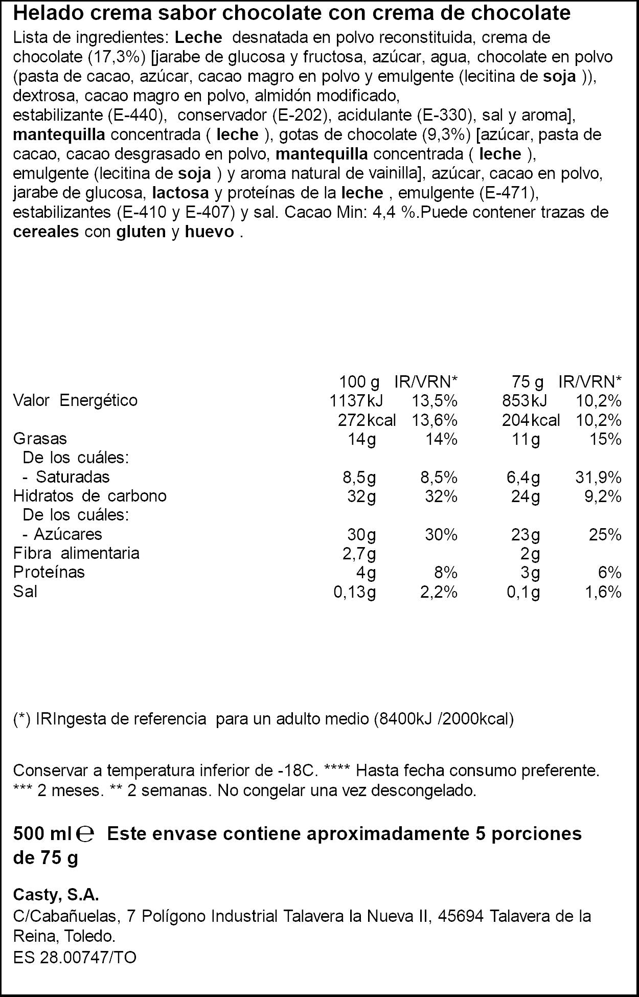 Tarrina chocolate c/trozos Ifa eliges 500ml