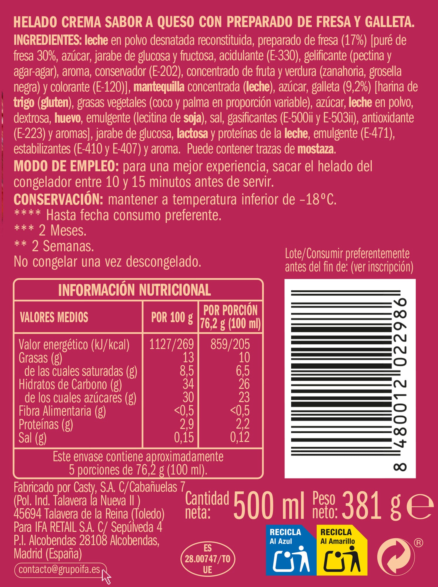 Helado tarrina tarta queso fresas Ifa eliges 500ml