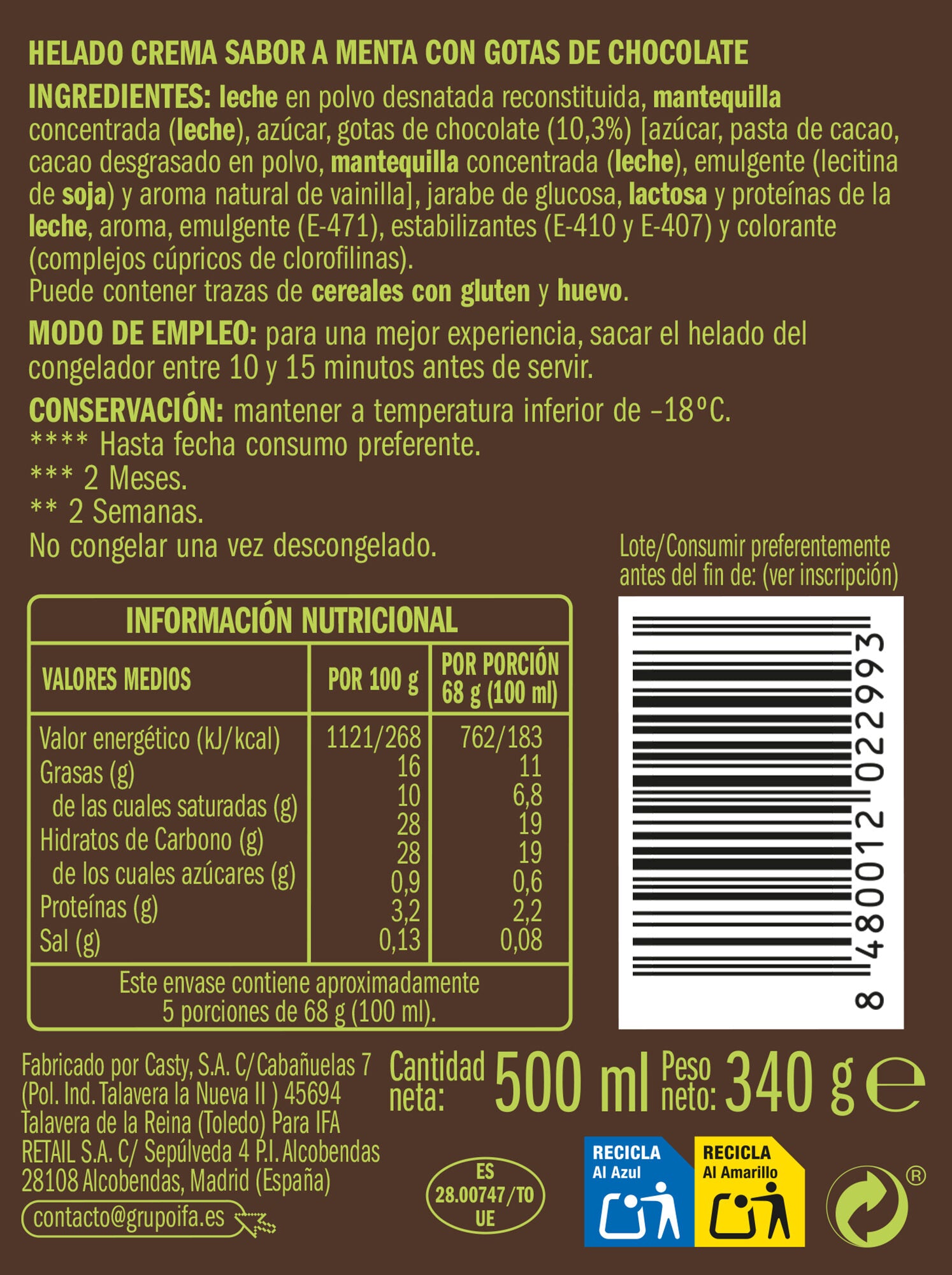 Helado tarrina menta c/chocolate Ifa eliges 500ml