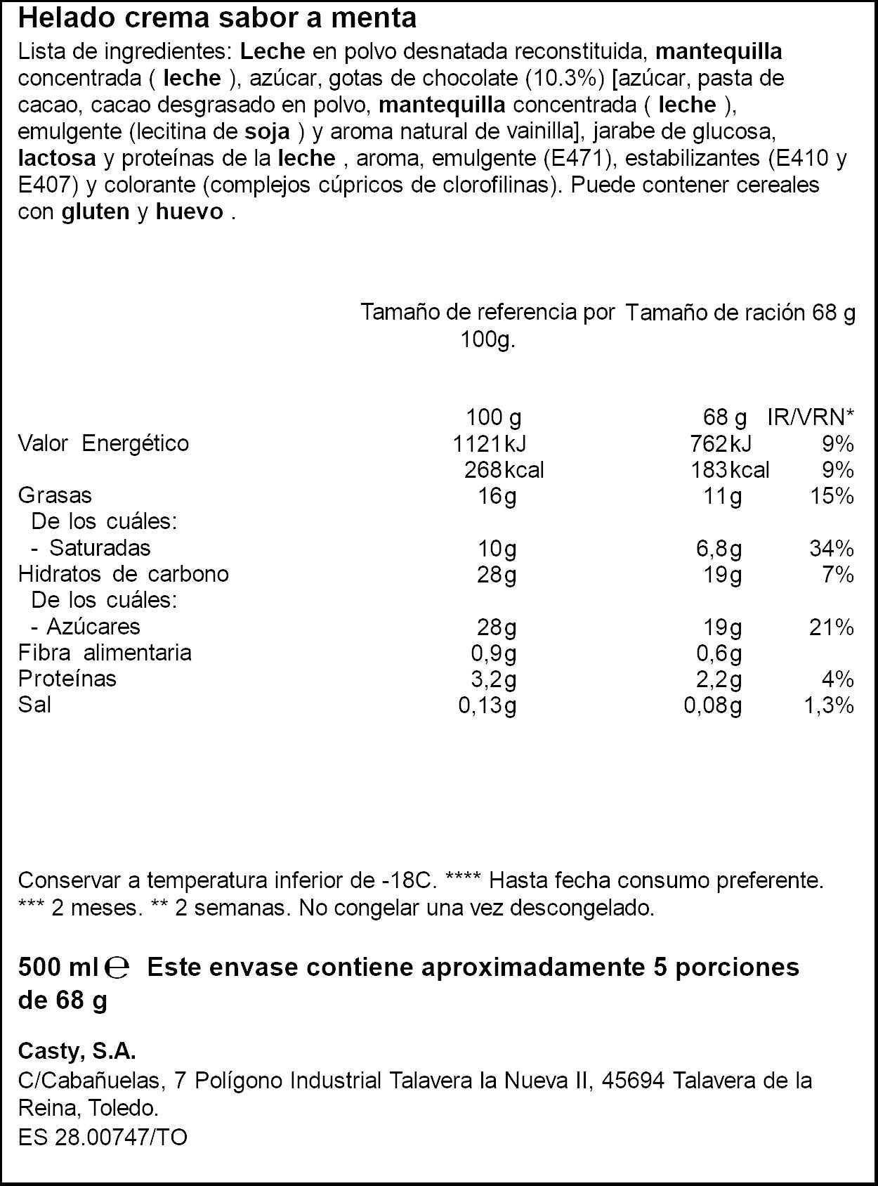 Helado tarrina menta c/chocolate Ifa eliges 500ml