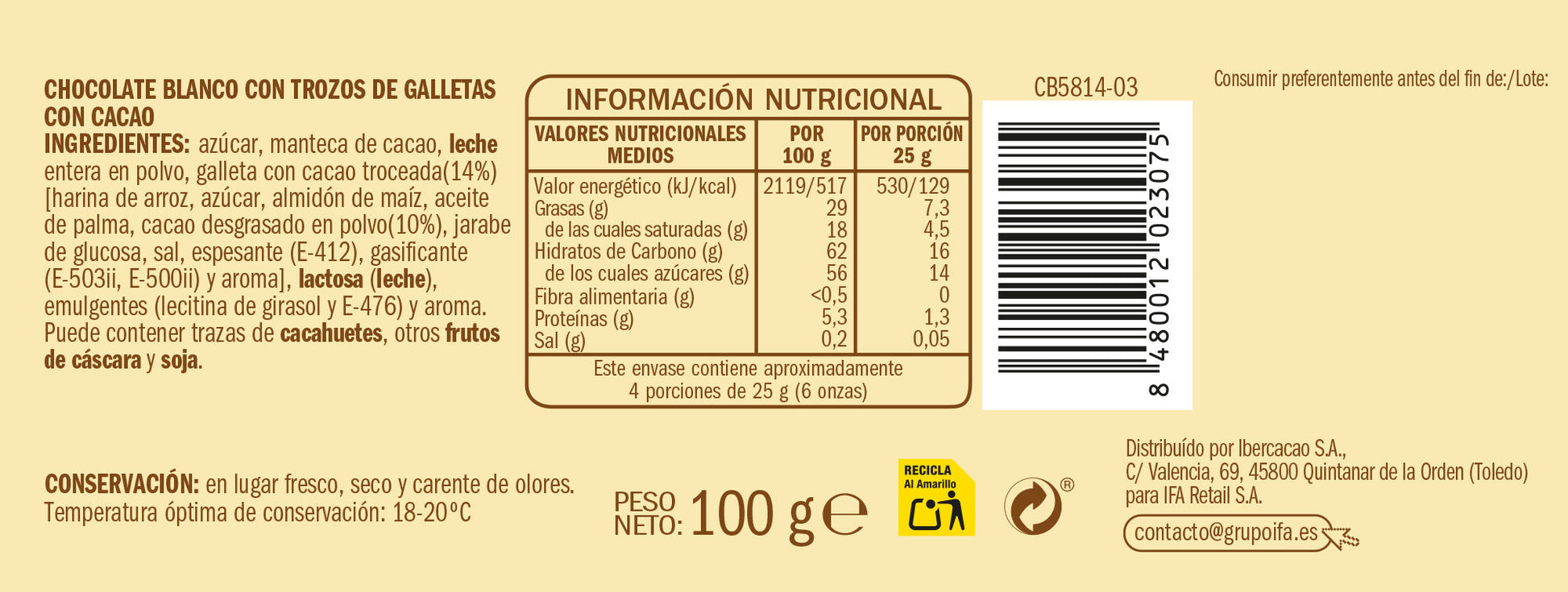 Chocolate blanco con galleta Ifa eliges 100g