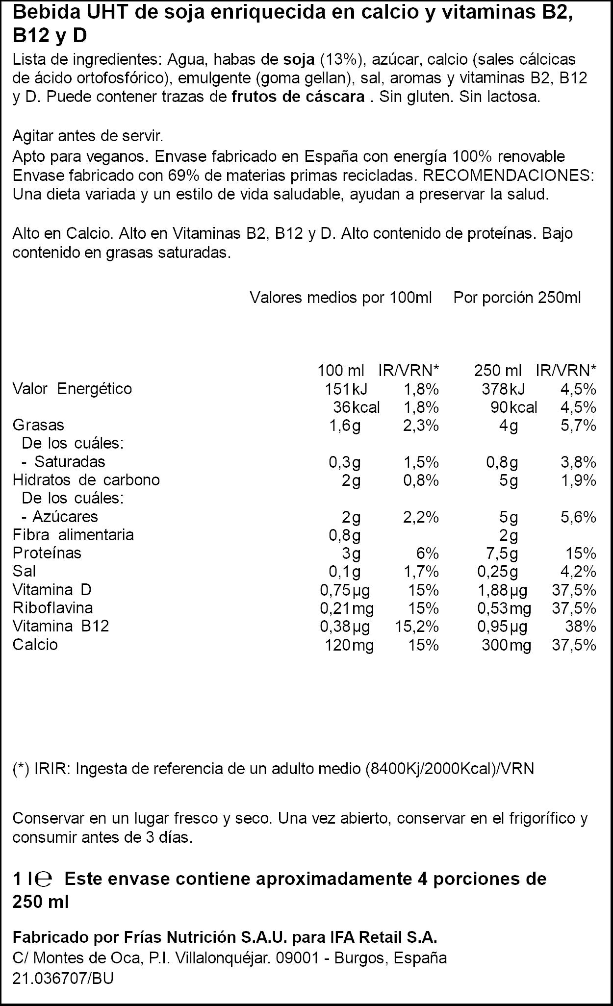 Bebida vegetal  soja calcio Ifa eliges 1l