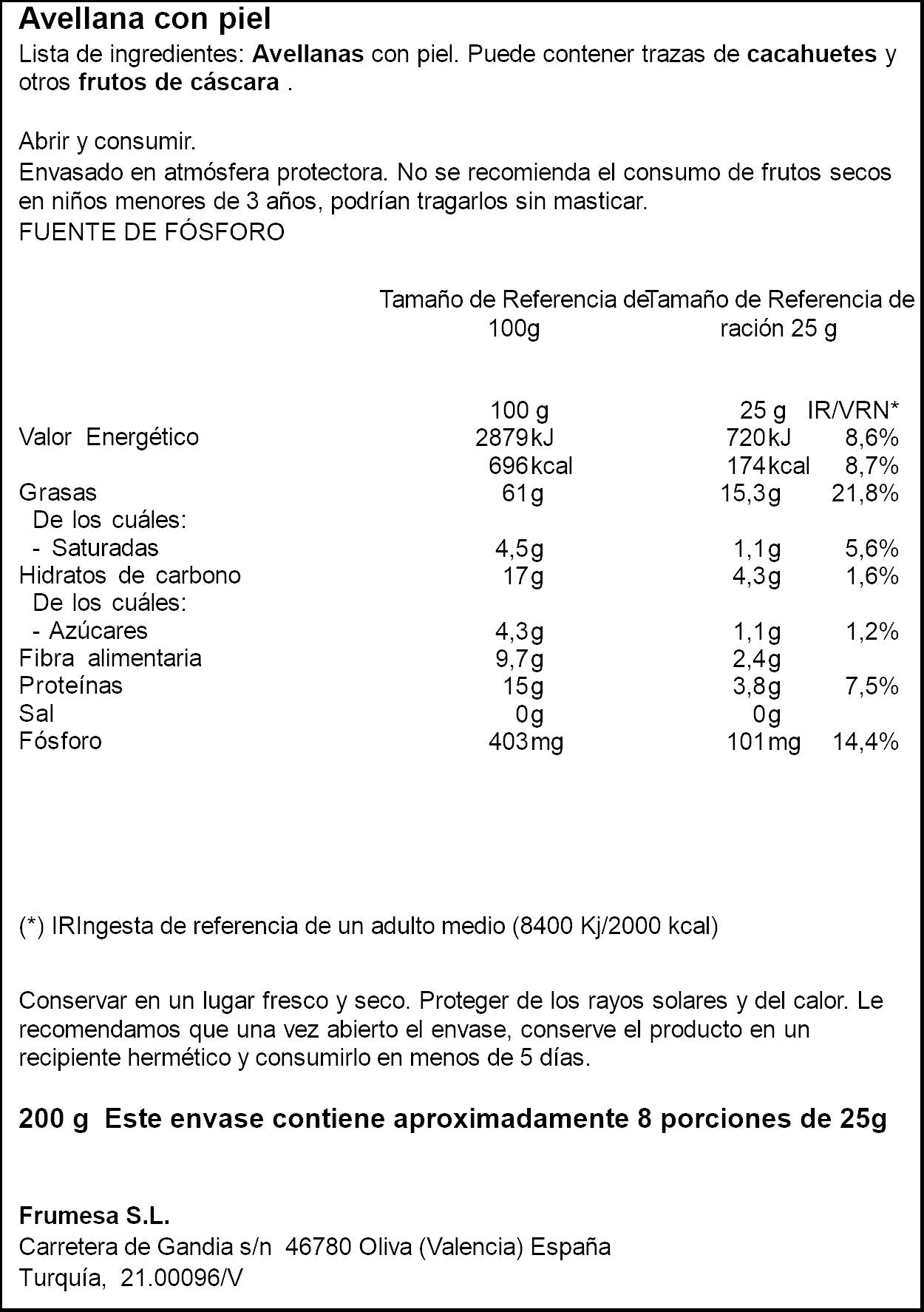 Avellanas natural cruda c/piel Ifa eliges 200g