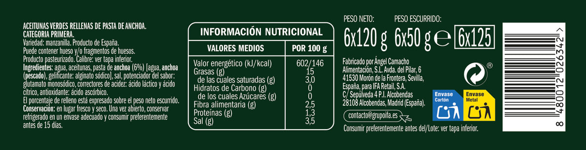 Aceitunas suaves relleno anchoa Ifa eliges p6 50g/u escurr