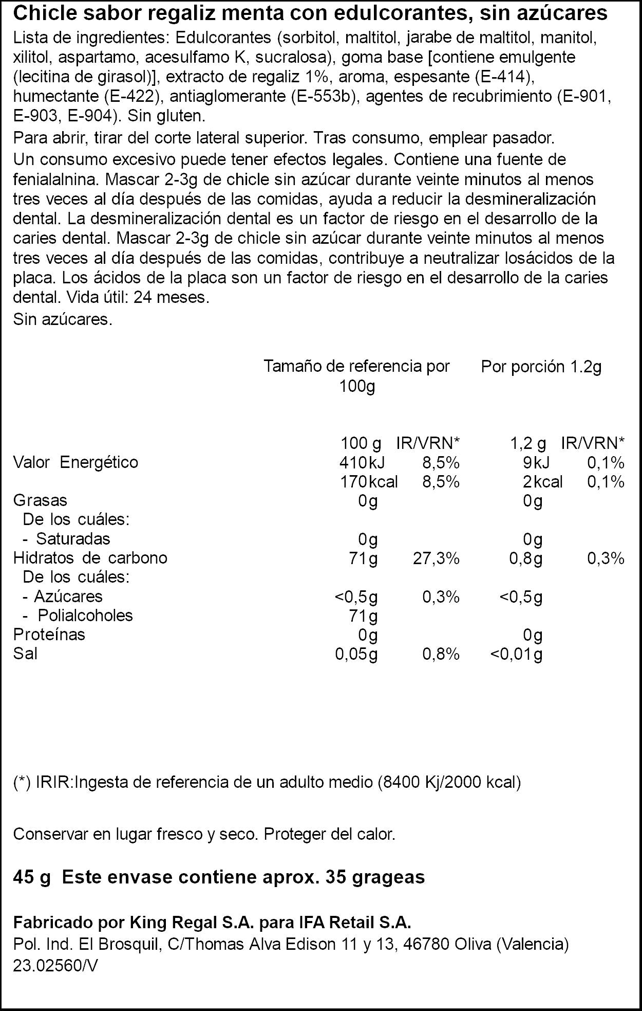 Chicle regaliz menta s/azucares Ifa eliges p35 45g
