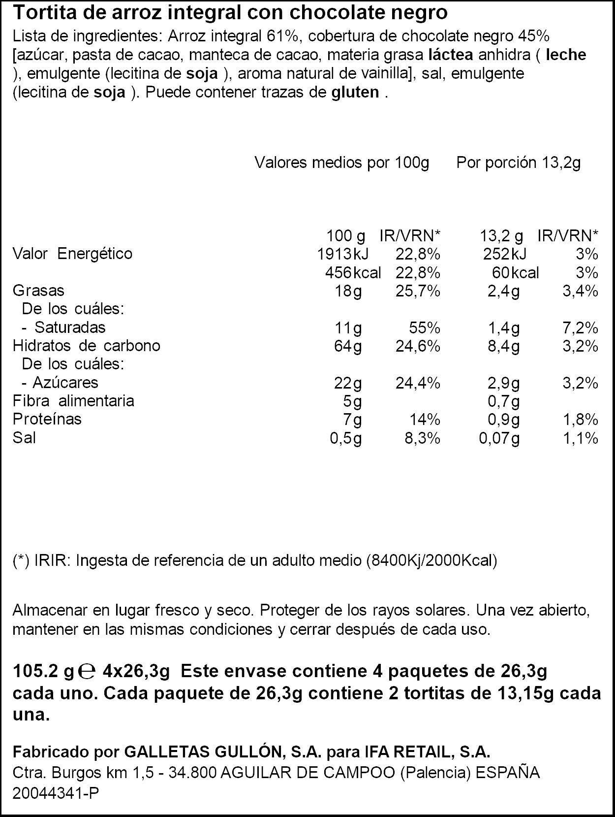 Tortita arroz chocolate negro Ifa eliges p4 26.3g