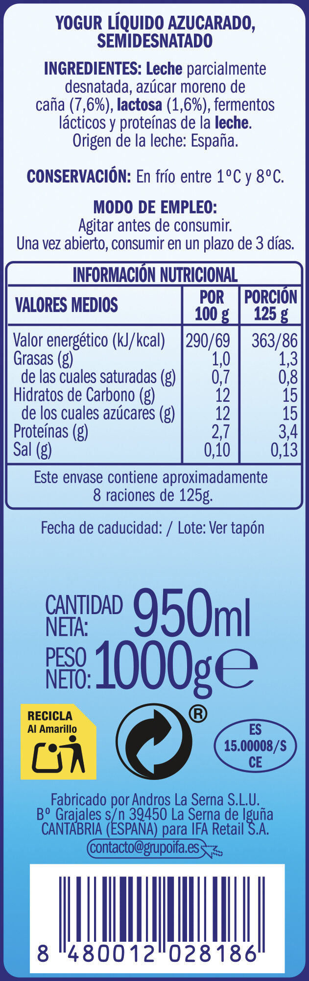 Yogur liquido natural azucarado Ifa eliges 1l