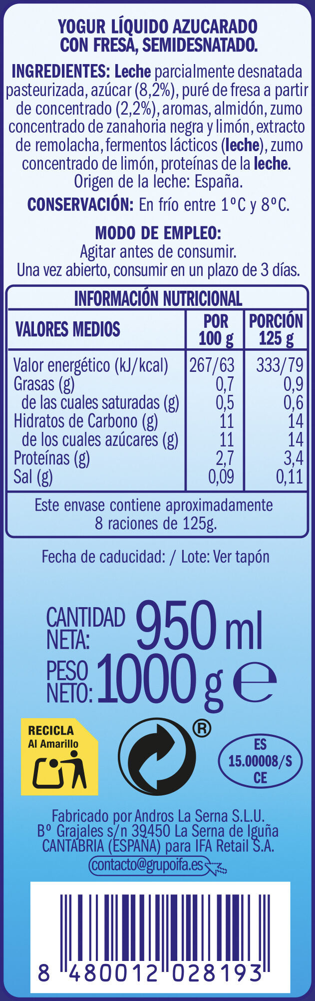 Yogur liquido fresa Ifa eliges 1l