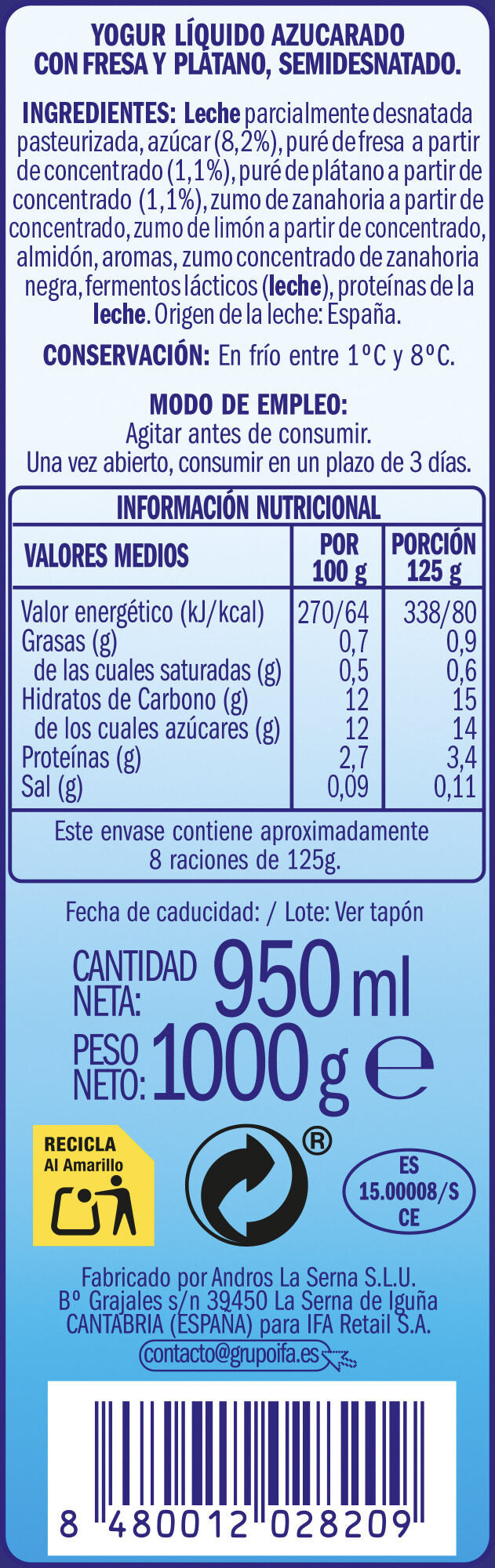 Yogur liquido fres/plat Ifa eliges 1l