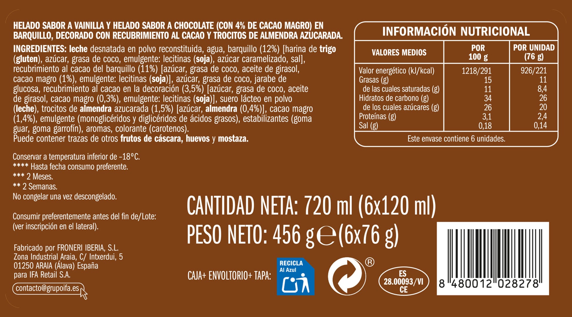 Cono vainilla chocolate Ifa eliges p6 120ml/u
