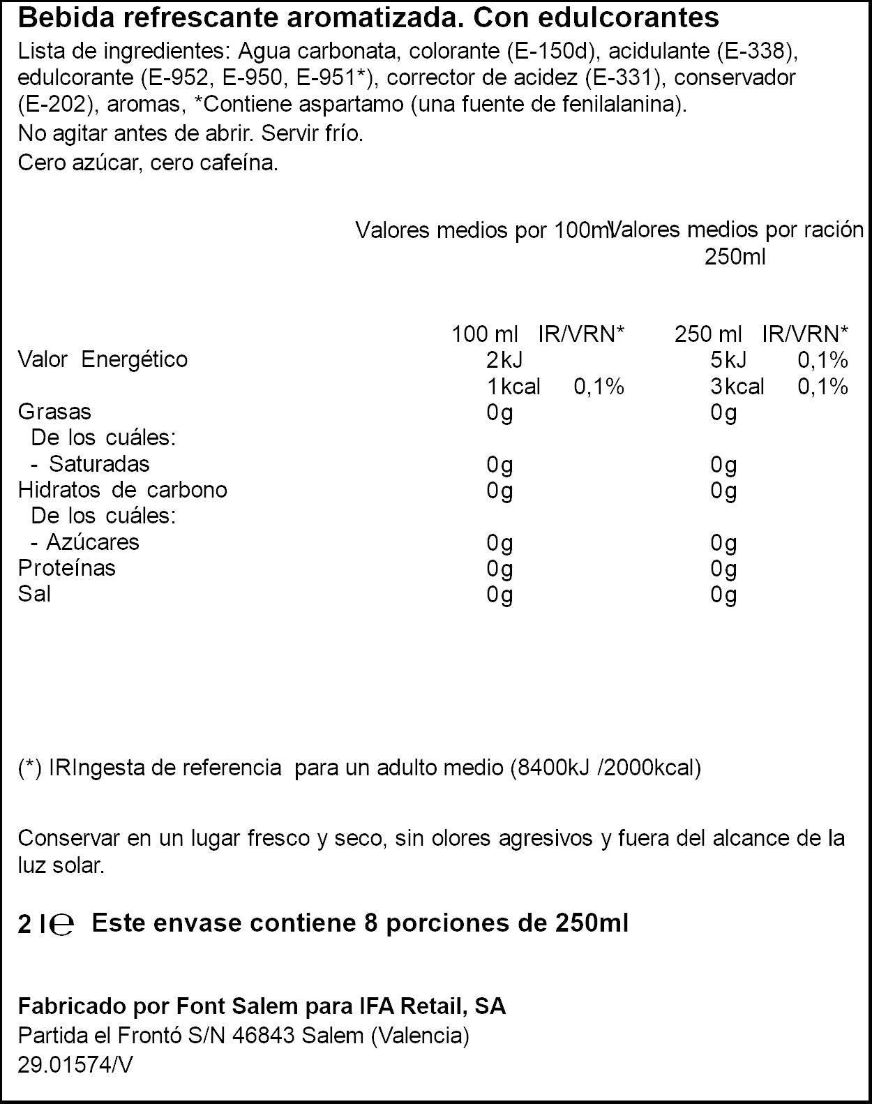 Refresco cola s/azúcar s/cafeína Ifa eliges cero cero 2l