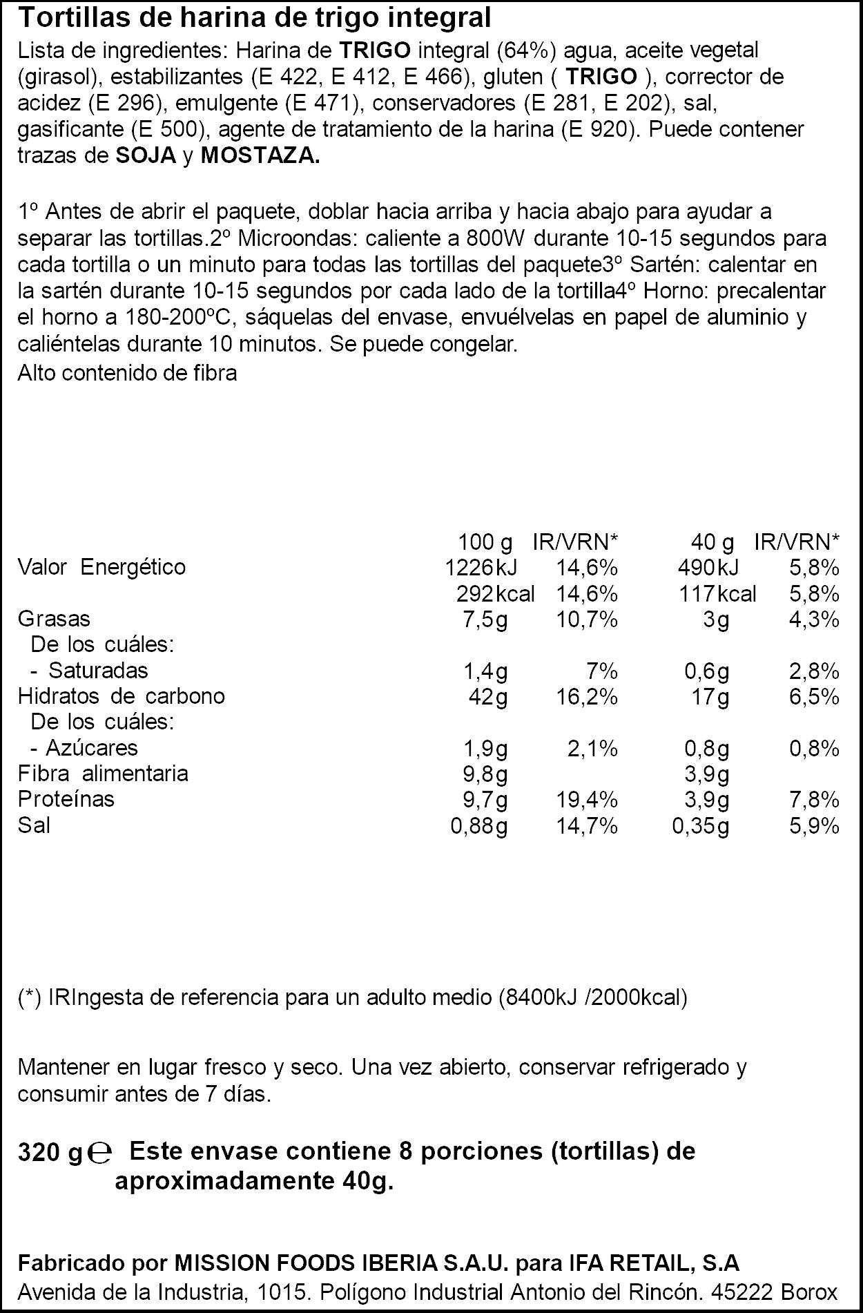 Tortillas de trigo integrales Ifa eliges 8u 320g
