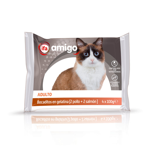 Comida gato humeda bocaditos en salsa 2pollo/2salmon Ifa amigo p4 100g/u La Despensa