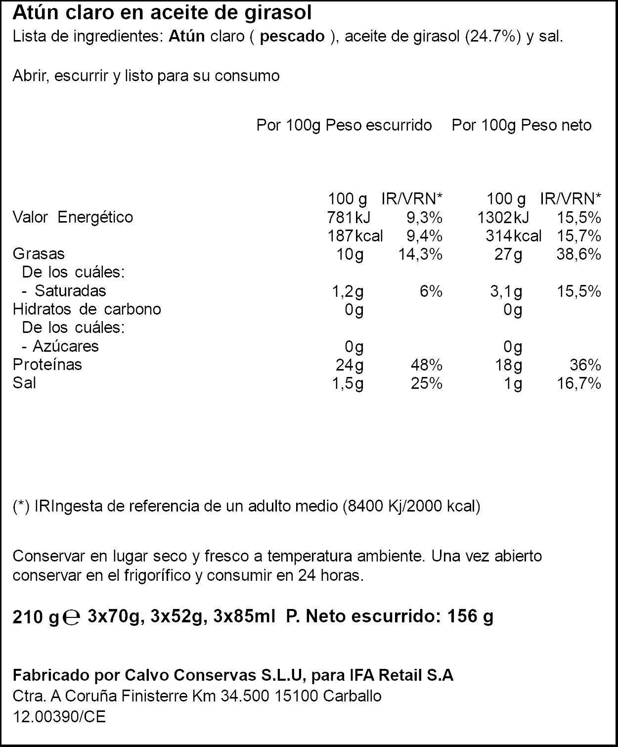 Atun claro aceite vegetal lata Ifa eliges p3 156g escurr
