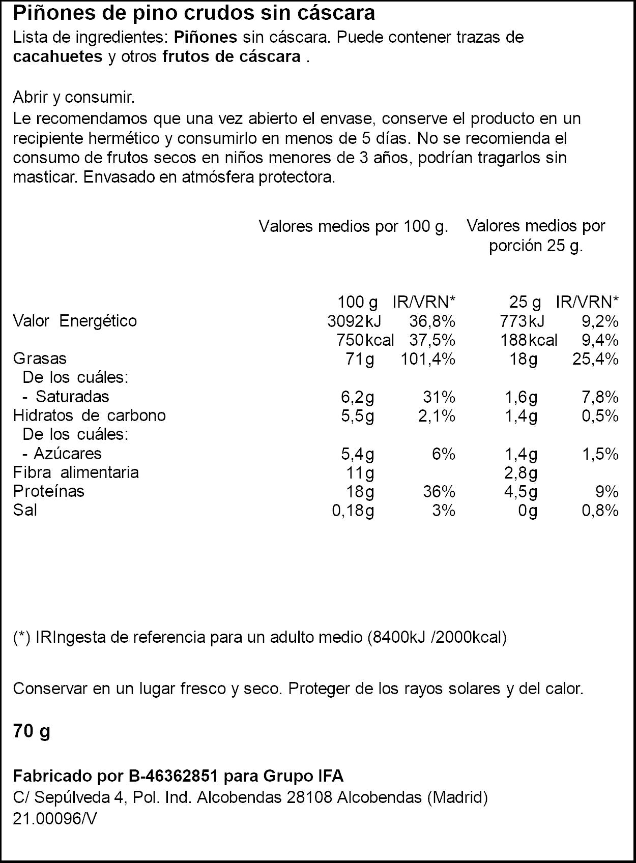 Piñon crudo sin cascara Ifa eliges 70g
