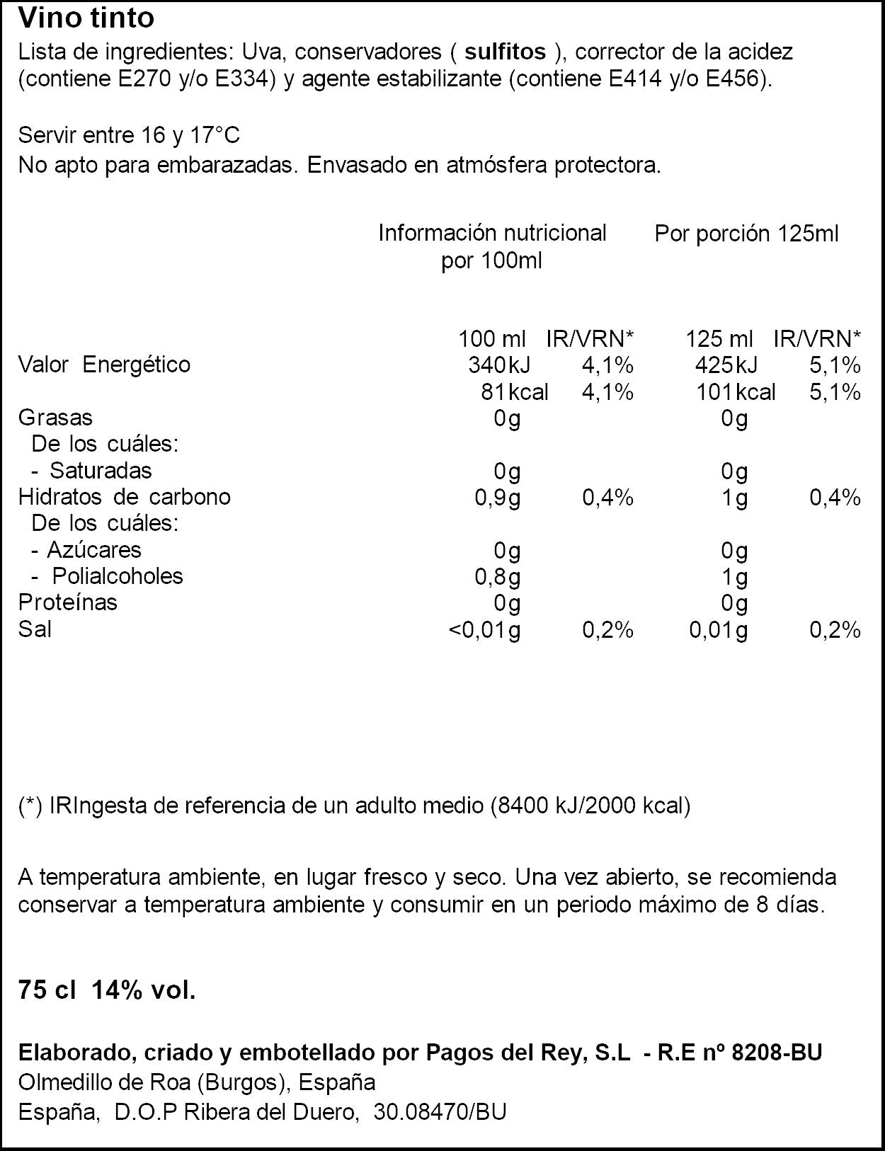 Vino tinto ribera duero crianz Pago de Fuentevega 750ml