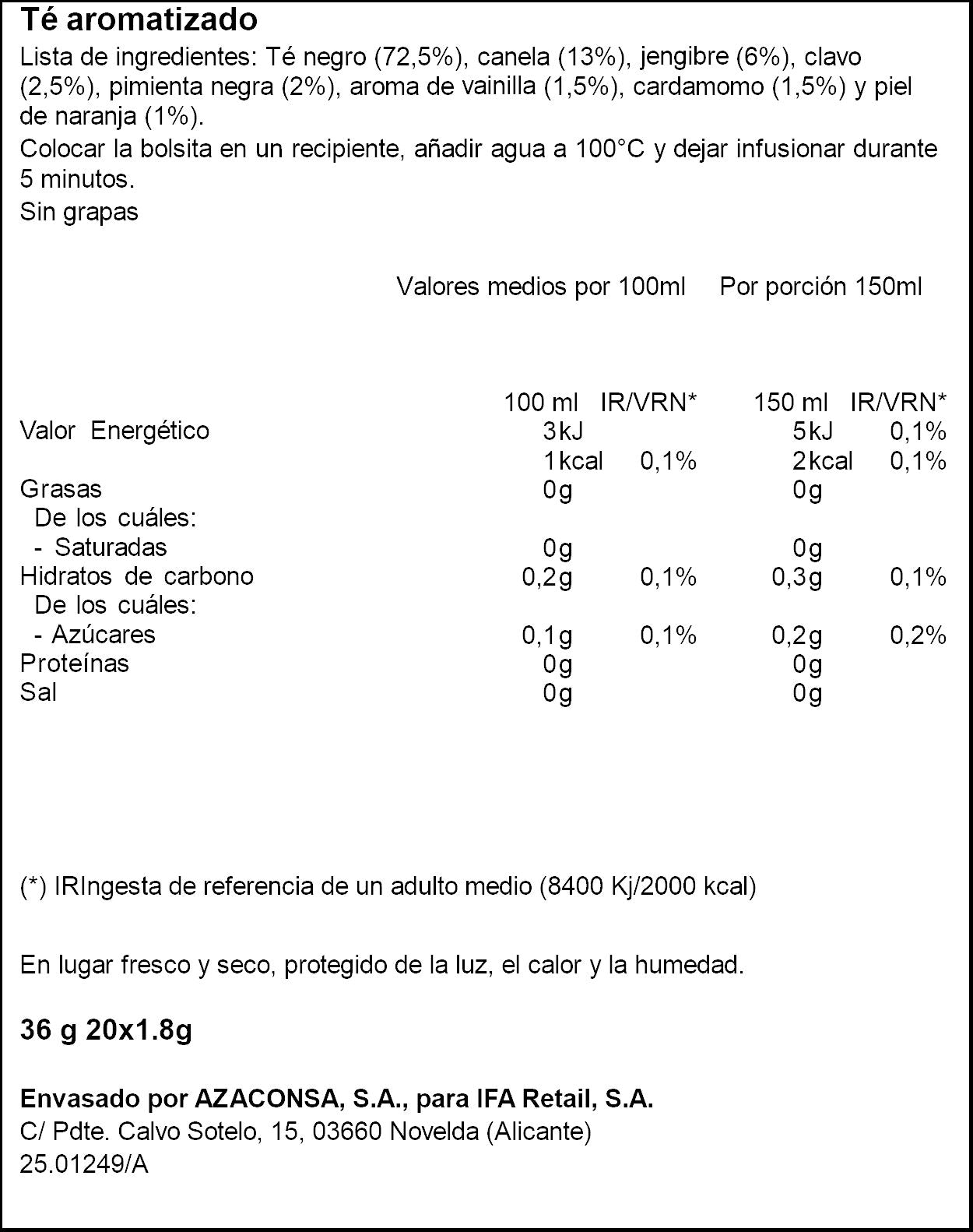Té chai con especias Ifa eliges 20u