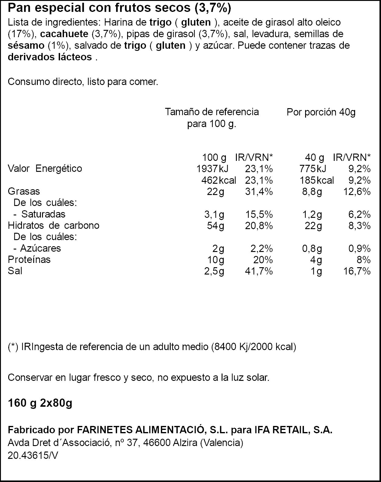 Pan frutos secos Ifa eliges 2x80g