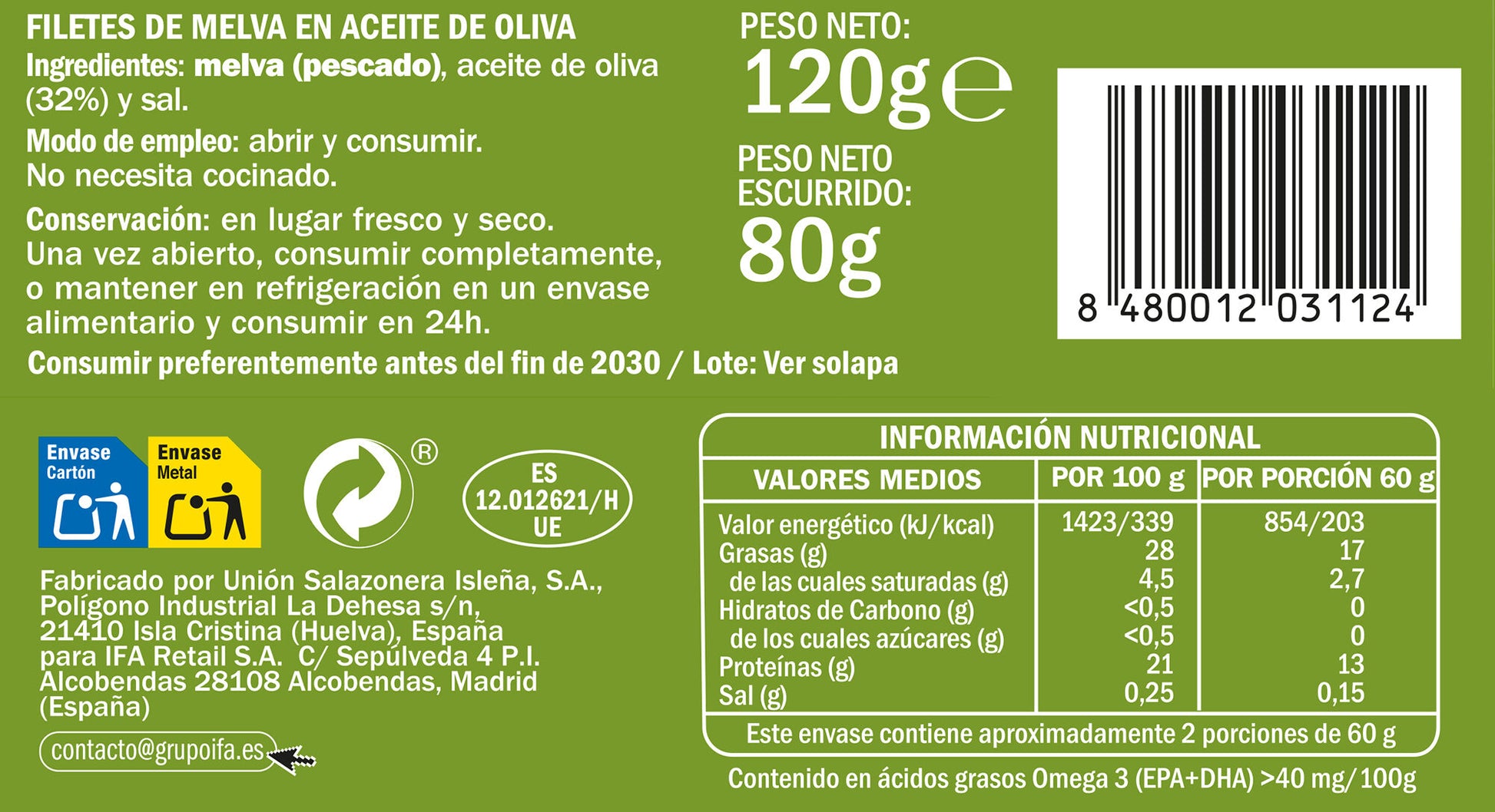 Melva aceite oliva rr125 Ifa eliges 80g escurr