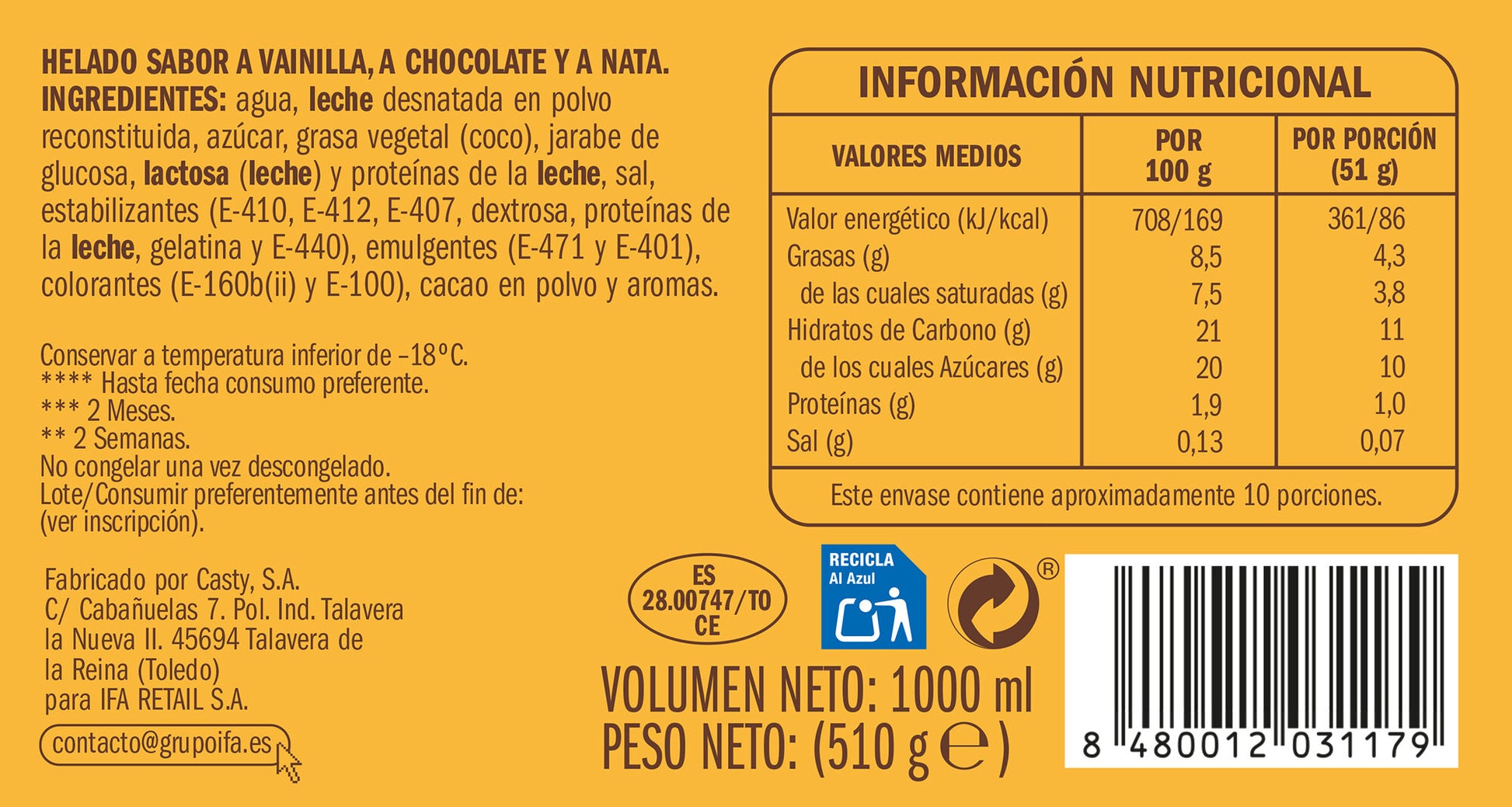 Helado bloque tres gustos Ifa eliges 1l