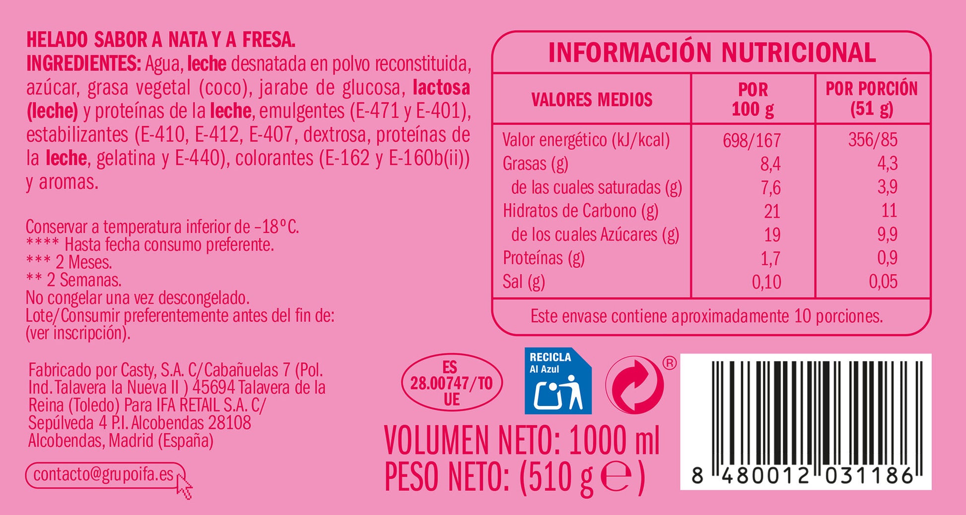 Helado bloque nata fresa Ifa eliges 1l