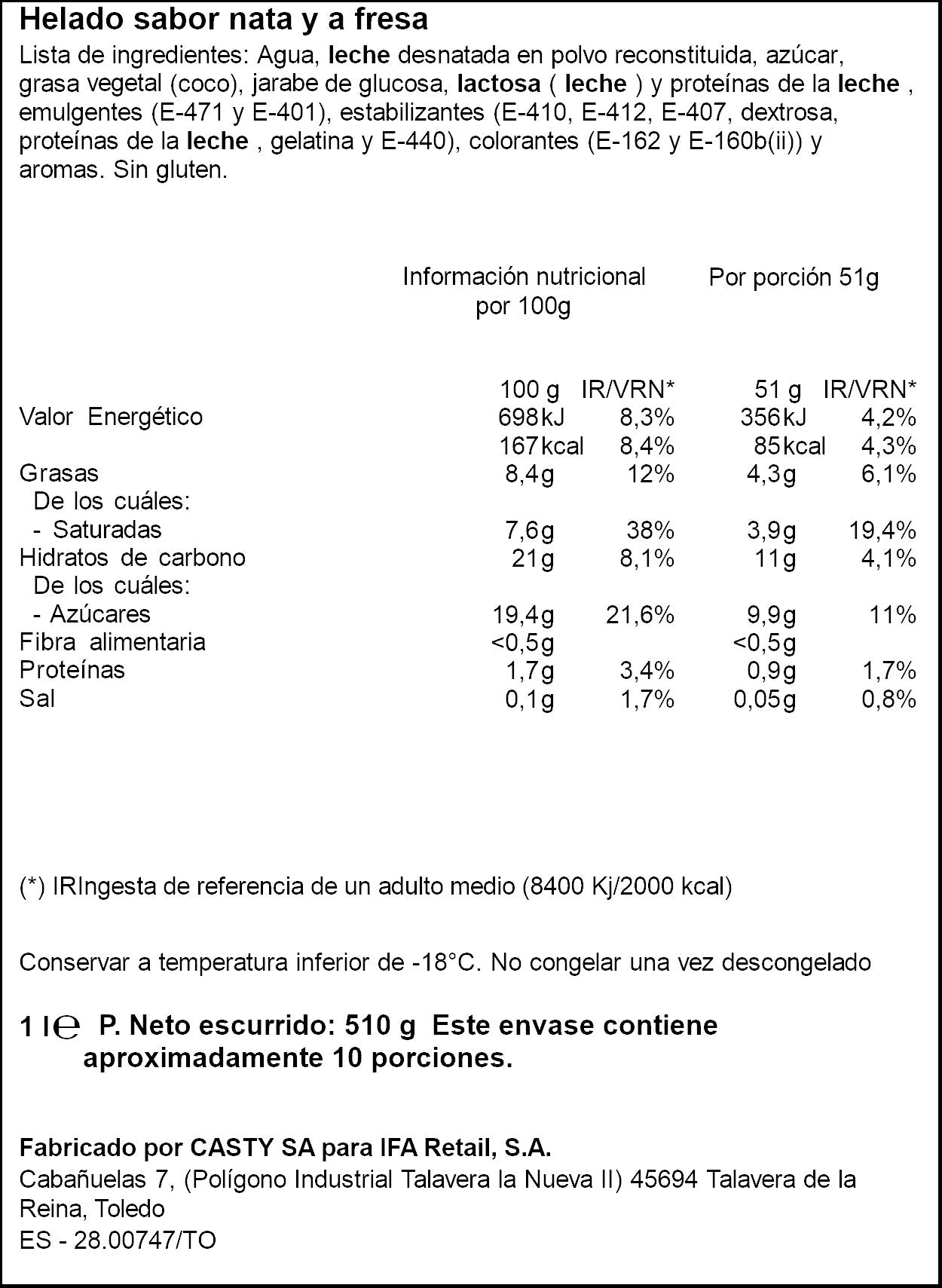 Helado bloque nata fresa Ifa eliges 1l