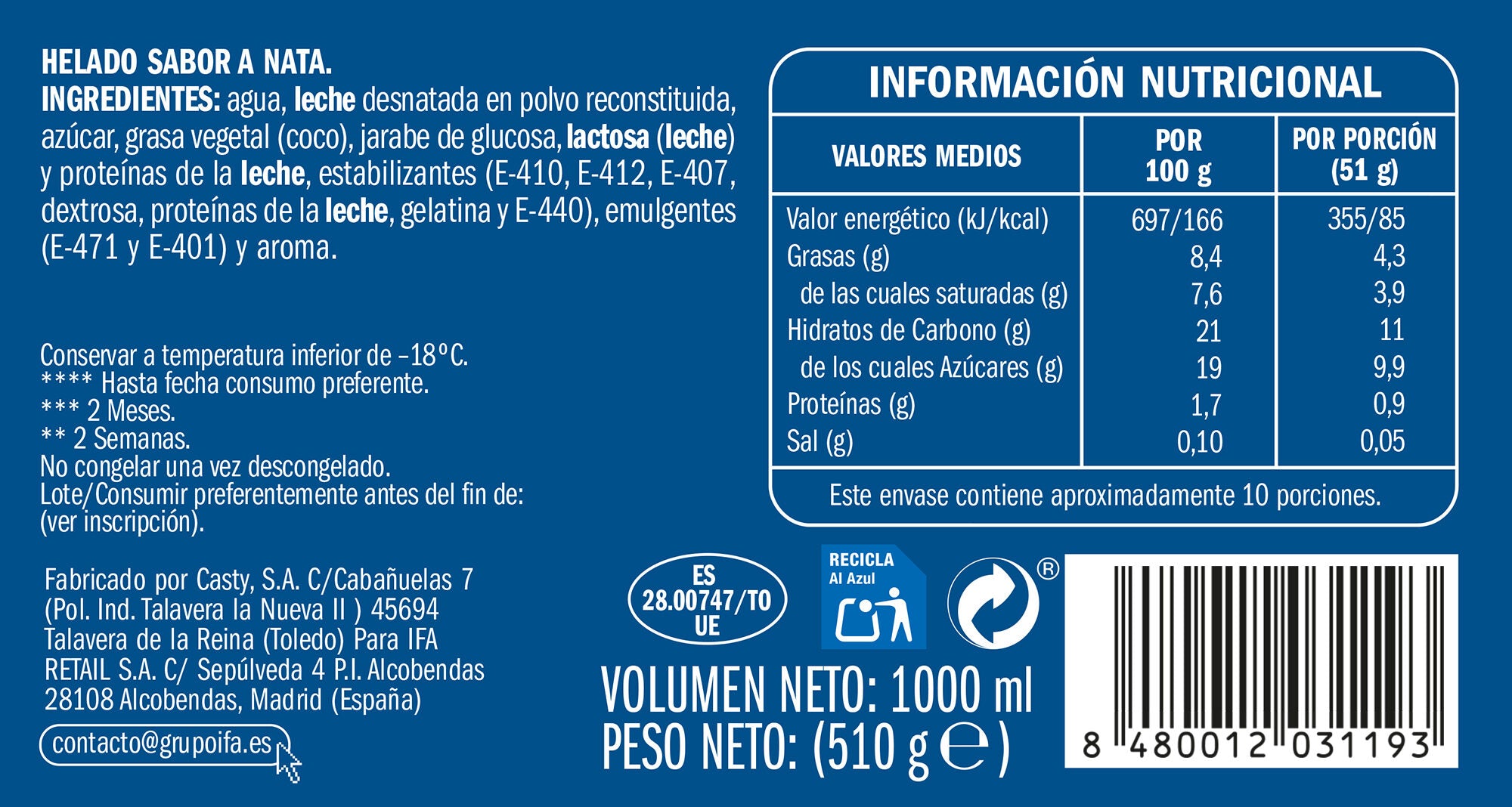 Helado barra nata Ifa eliges 1l