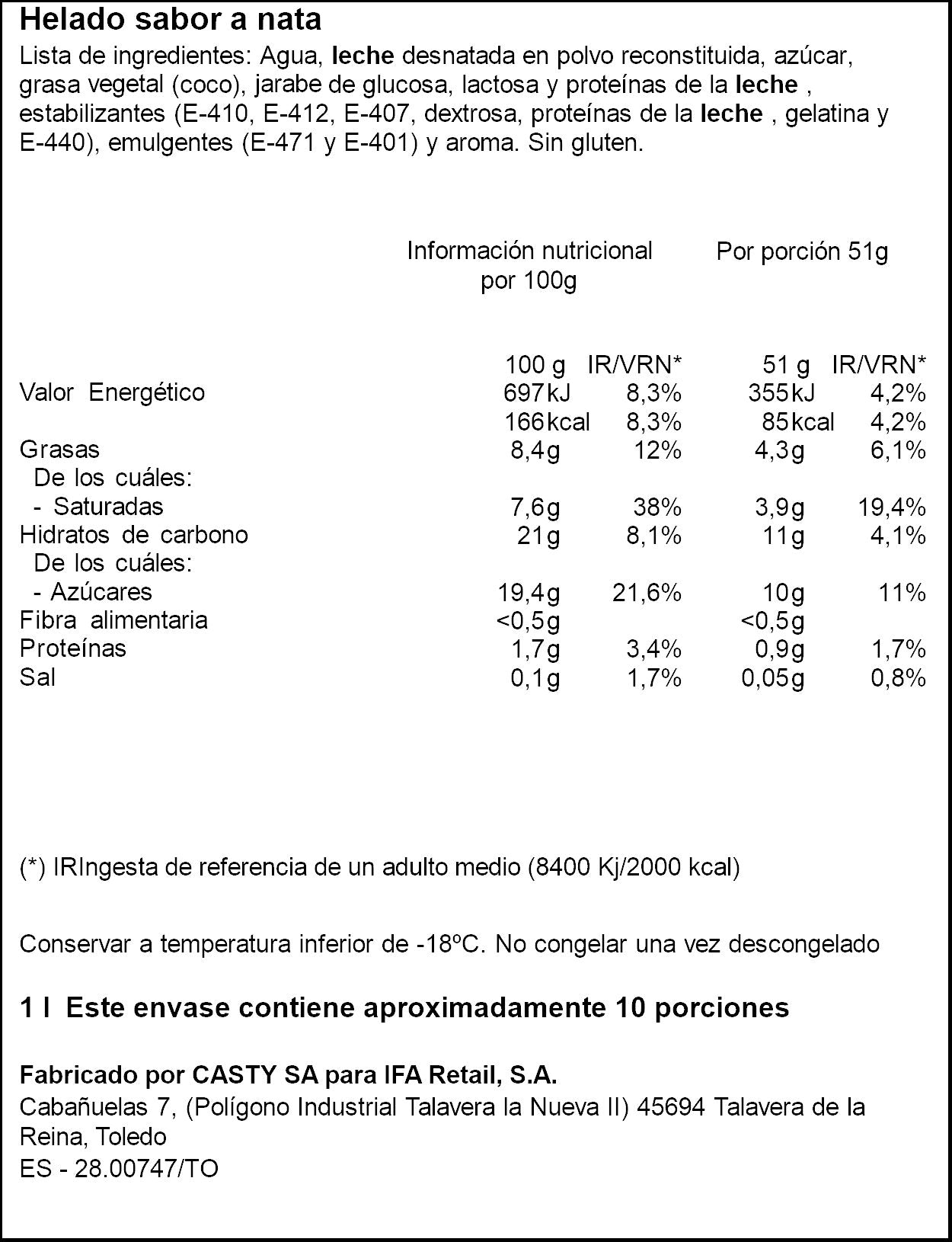 Helado barra nata Ifa eliges 1l
