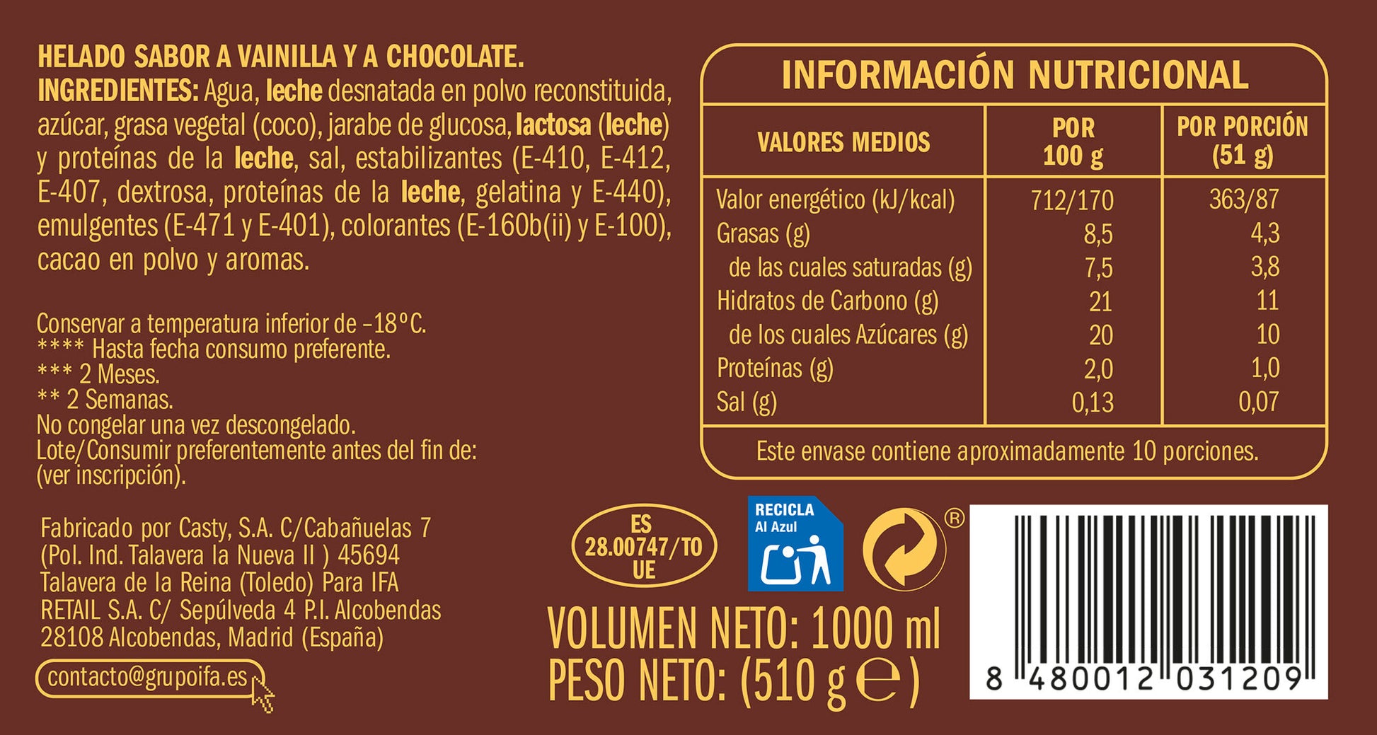 Helado bloque vainilla chocolate Ifa eliges 1l