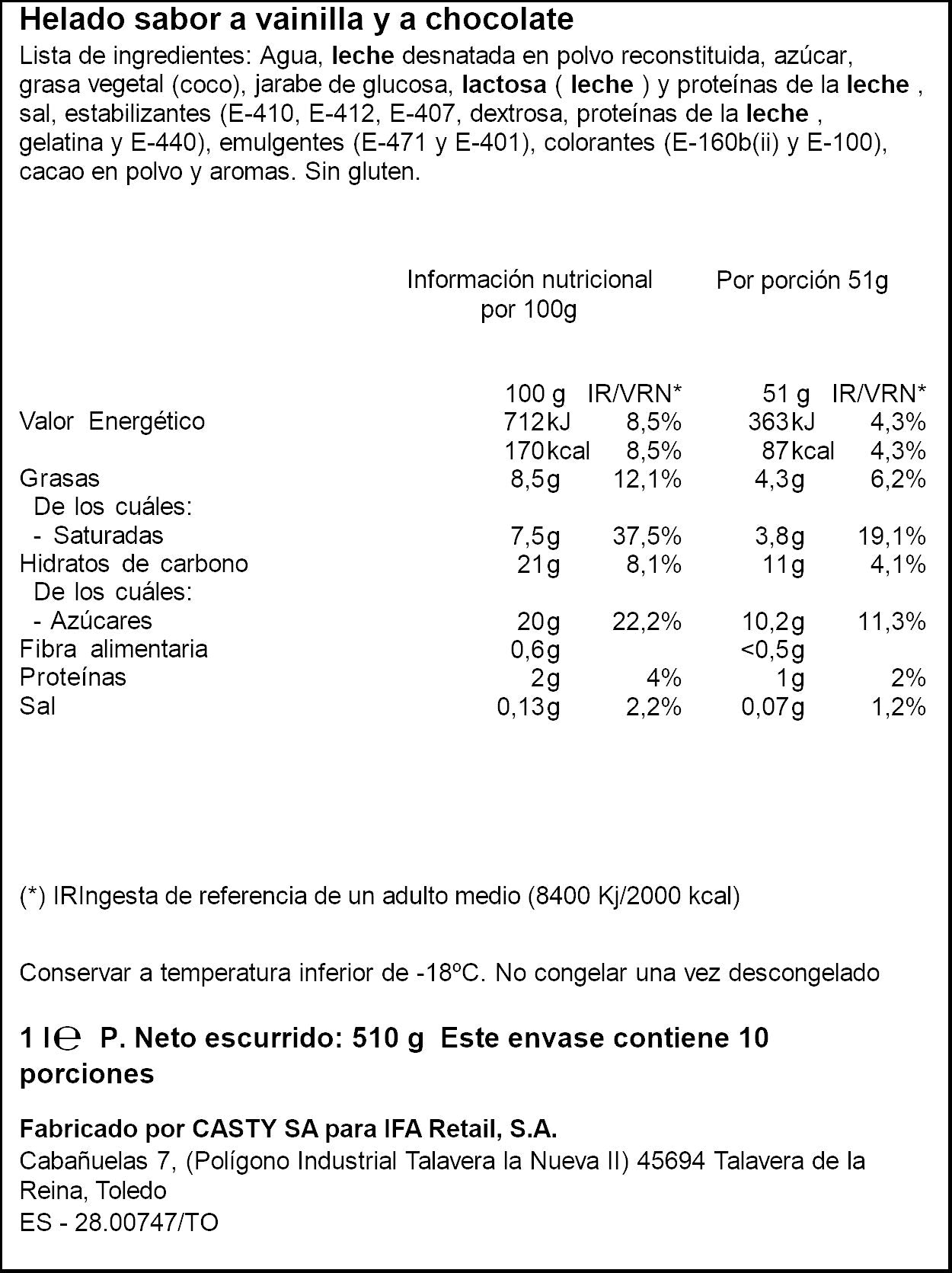 Helado bloque vainilla chocolate Ifa eliges 1l