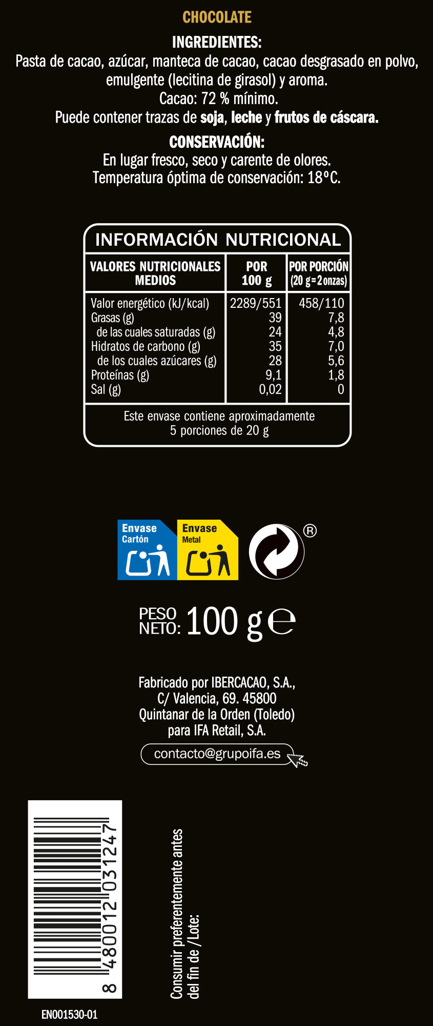 Chocolate negro 72% Ifa eliges 100g