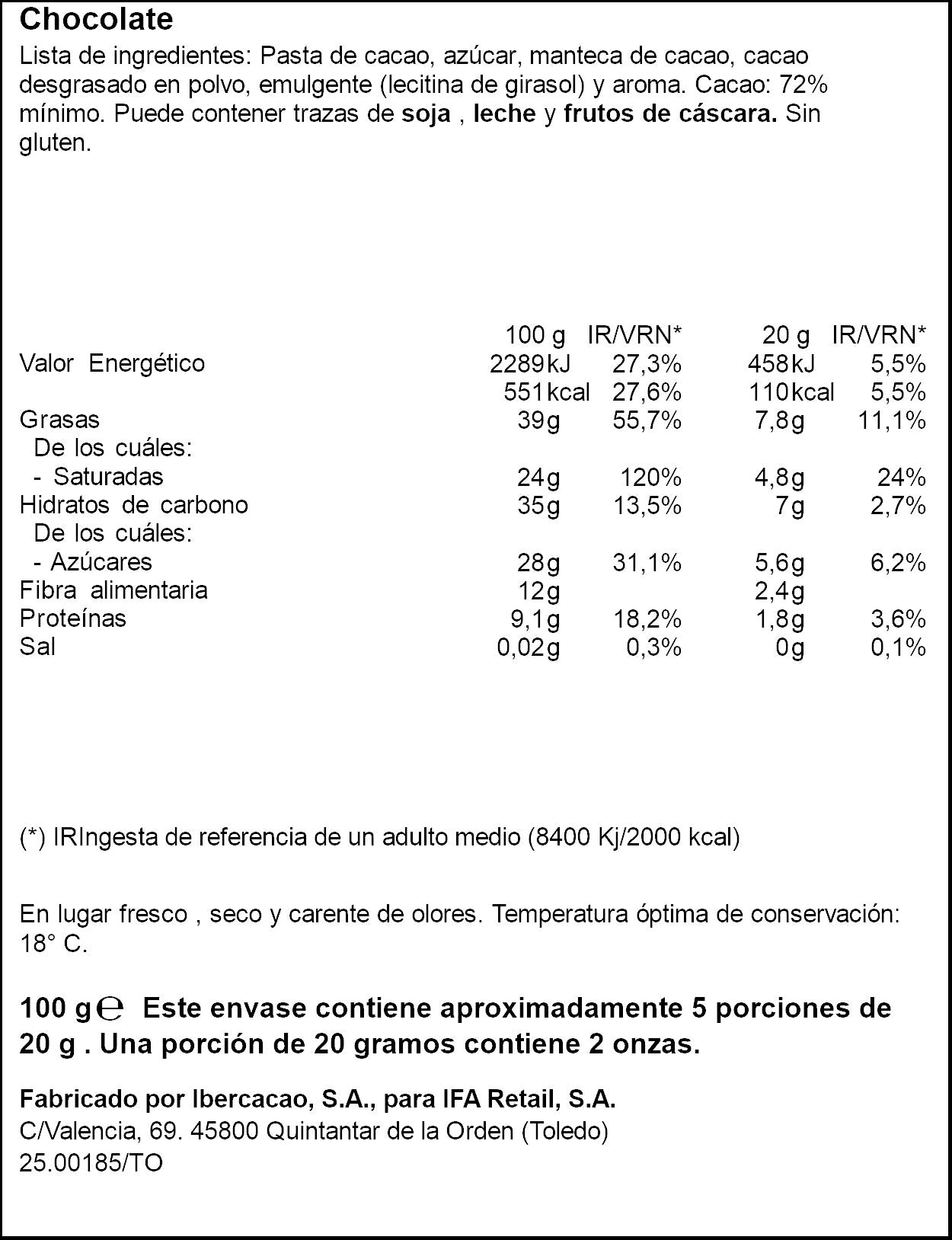 Chocolate negro 72% Ifa eliges 100g