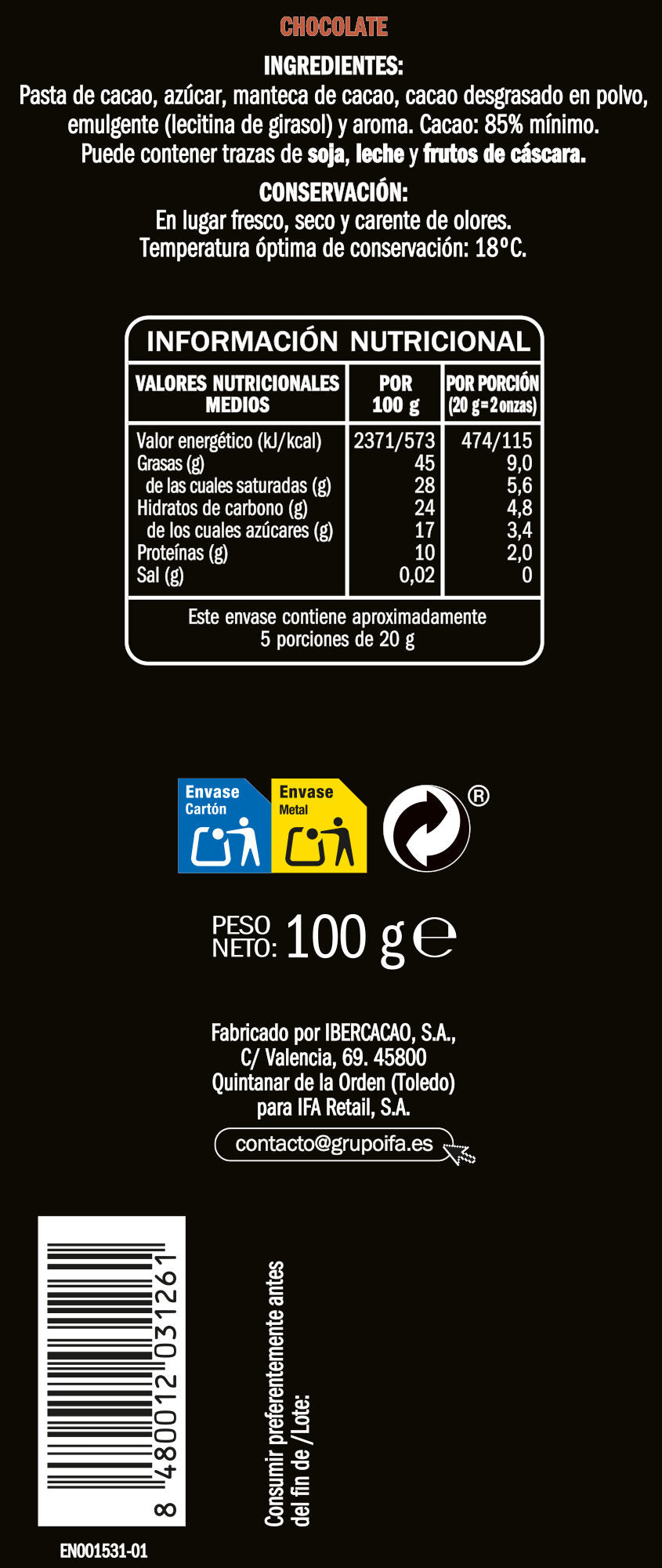 Chocolate negro 85% cacao Ifa eliges 100g