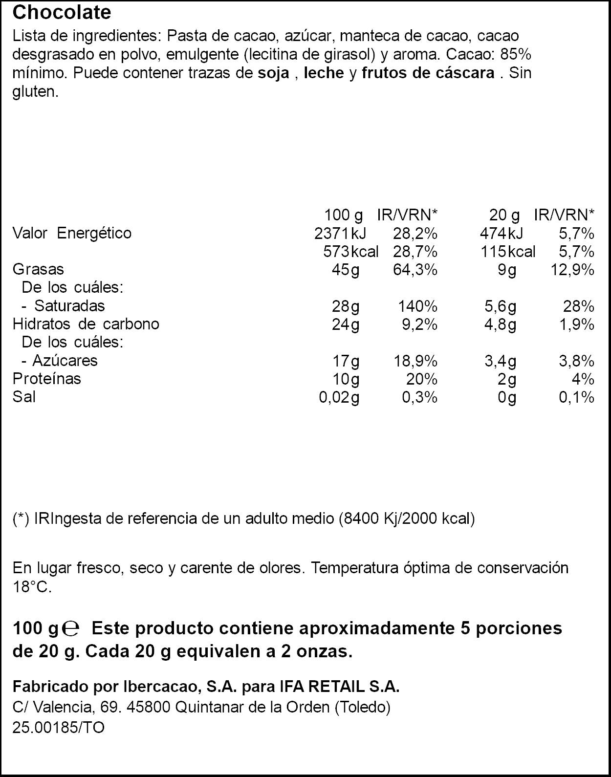 Chocolate negro 85% cacao Ifa eliges 100g