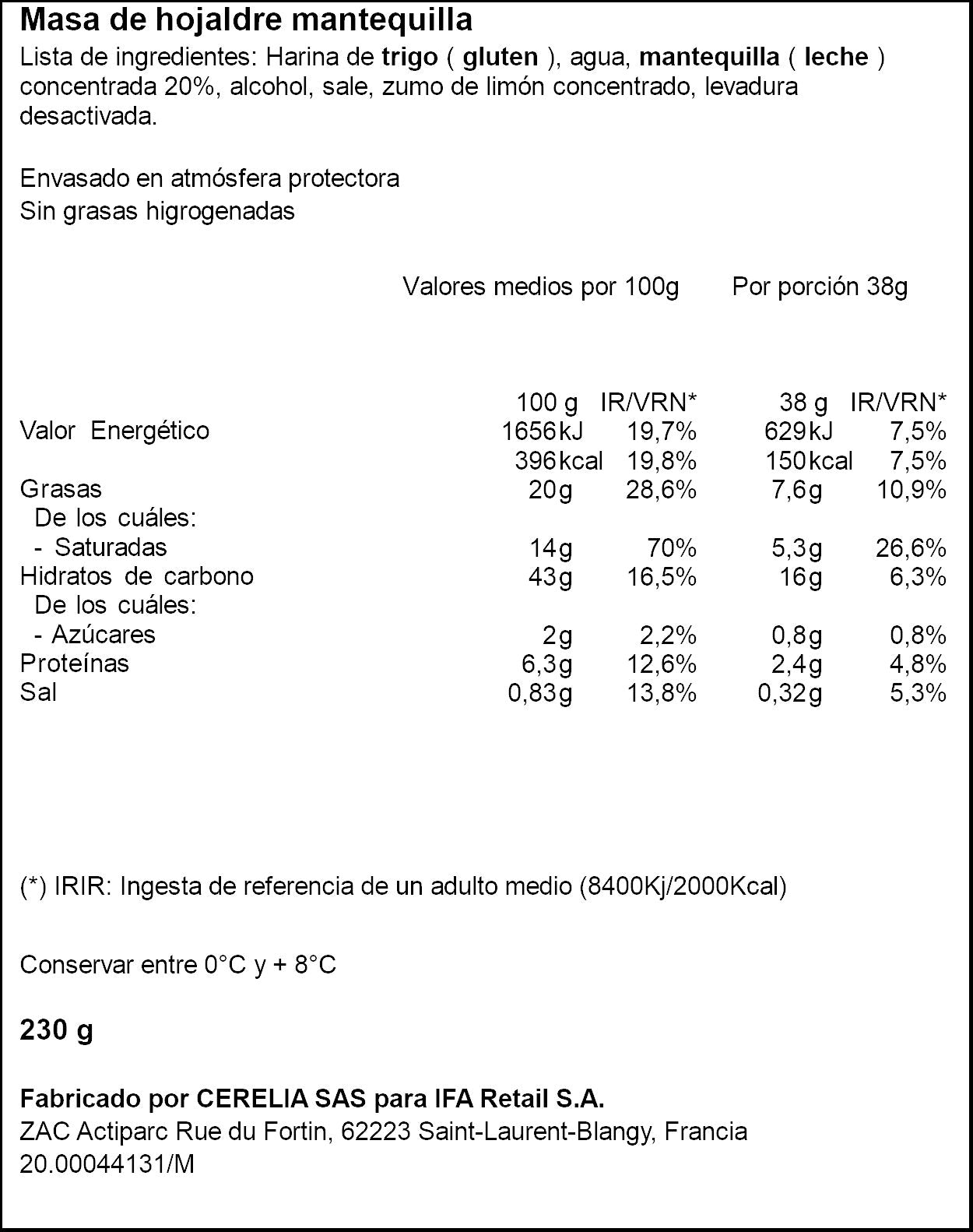 Masa de hojaldre mantequilla Ifa eliges 230g
