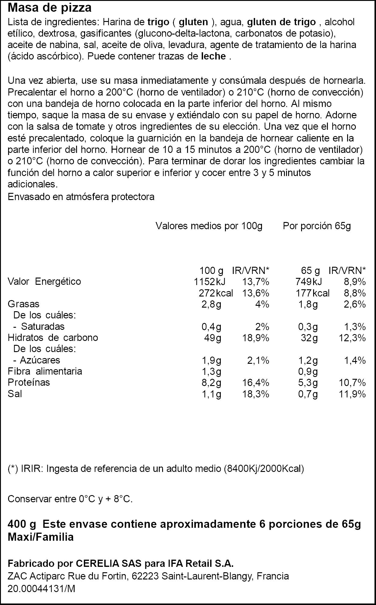 Masa maxi pizza rectangular Ifa eliges 400g