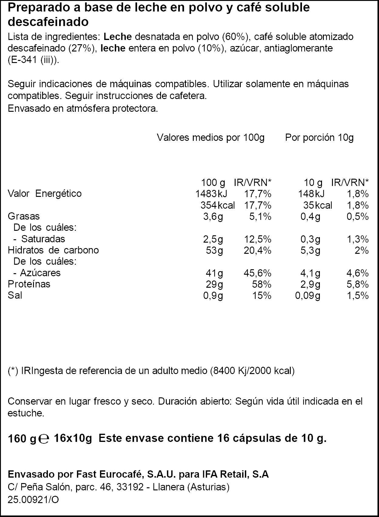 Café cápsula c/leche descafeina grande Ifa eliges p16 160g