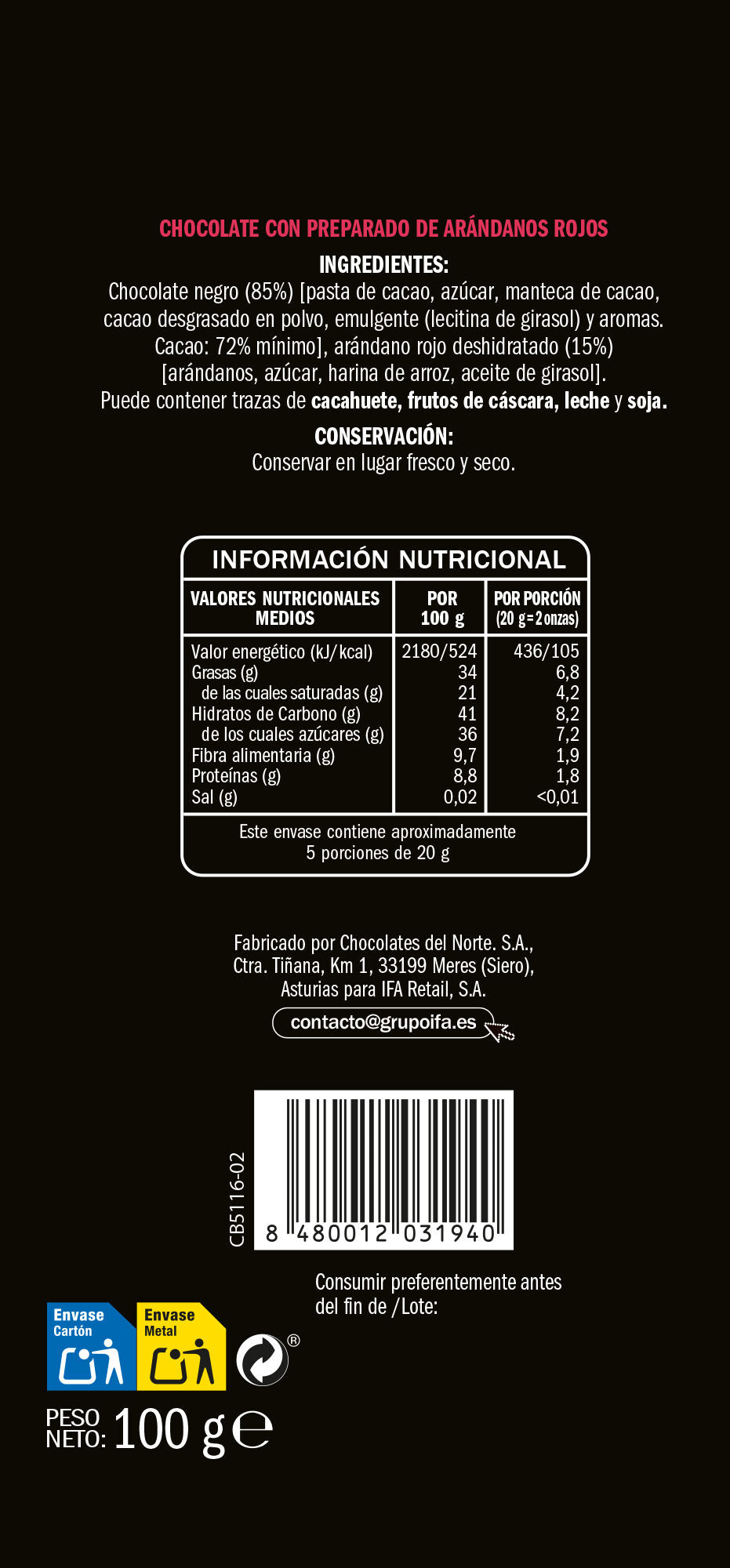 Chocolate negro 72% c/arándanos Ifa eliges 100g