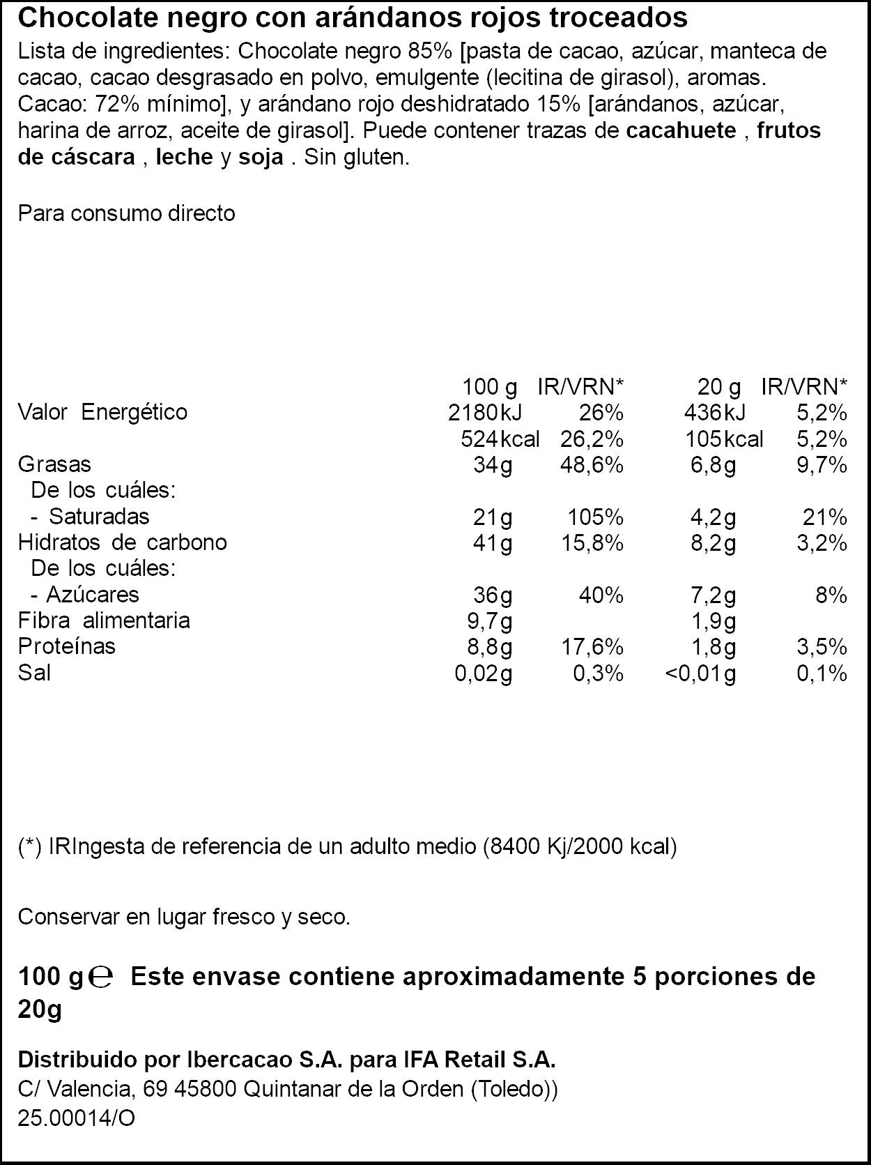 Chocolate negro 72% c/arándanos Ifa eliges 100g