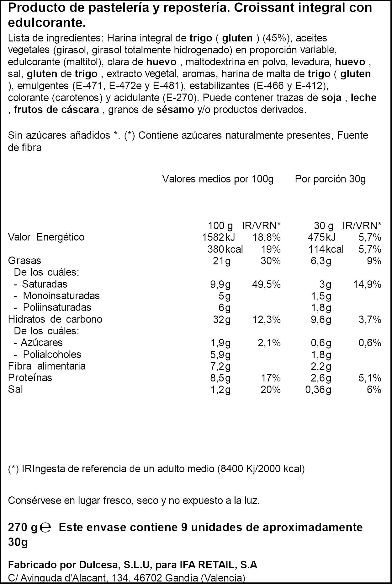 Croissant integral s/azcuar env indiv Ifa eliges 270g