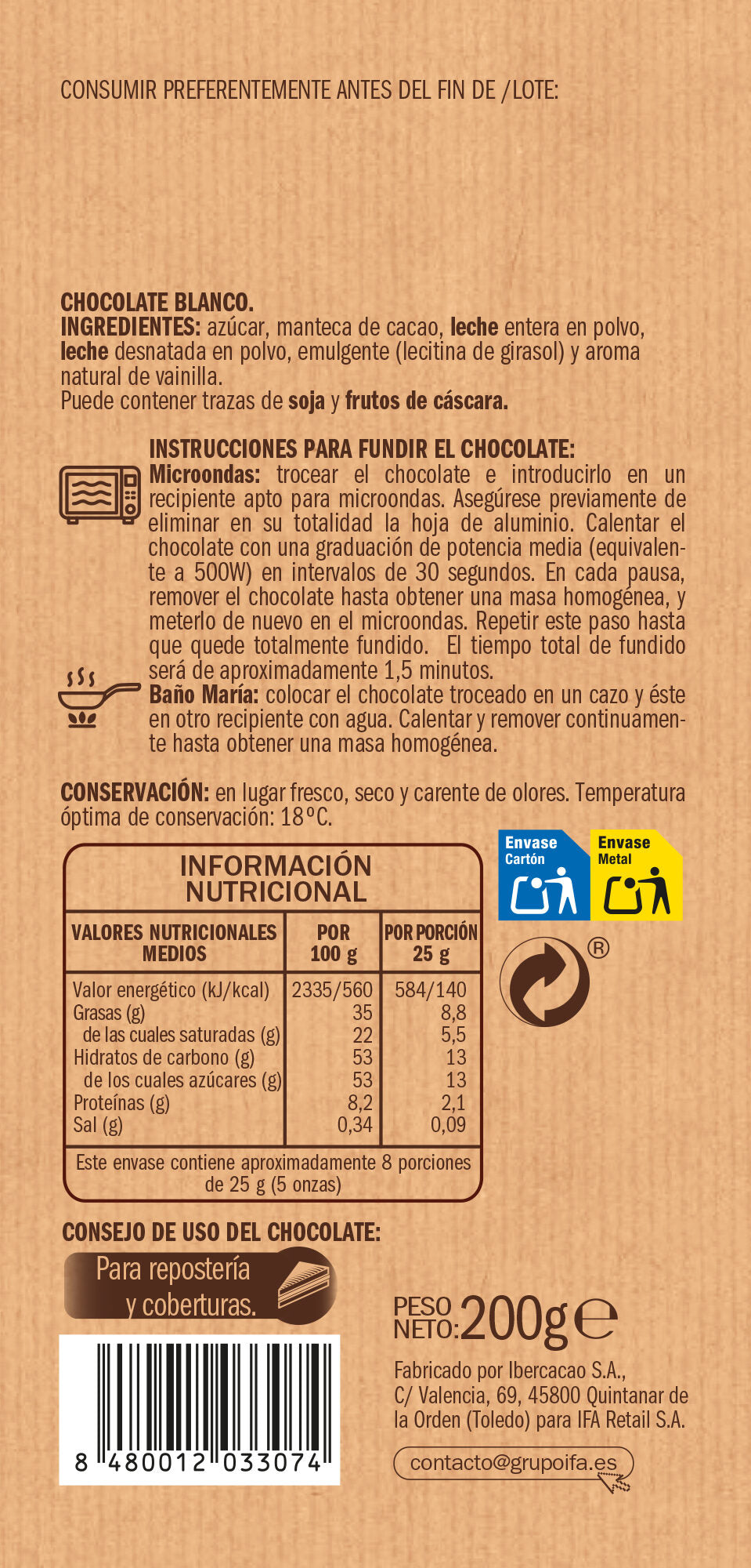 Chocolate para postres blanco Ifa eliges 200g