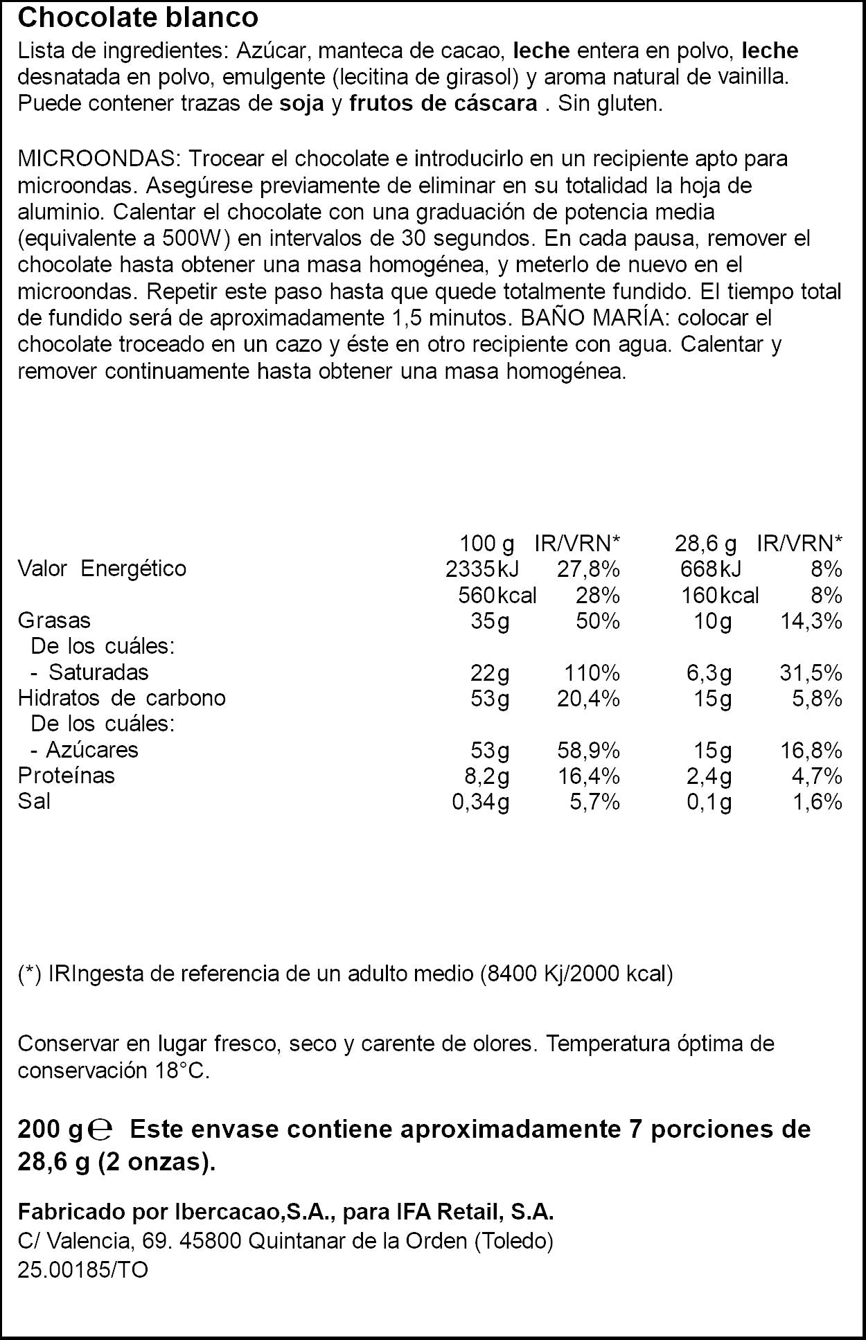 Chocolate para postres blanco Ifa eliges 200g