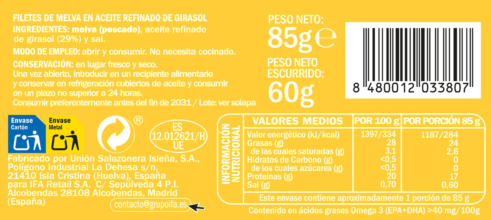 Melva aceite girasol rr90 Ifa eliges 60g escurr