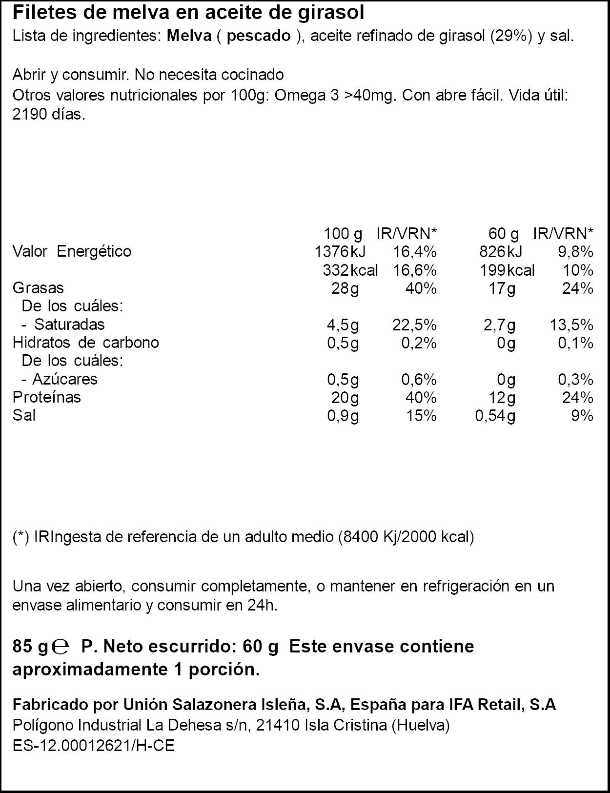 Melva aceite girasol rr90 Ifa eliges 60g escurr