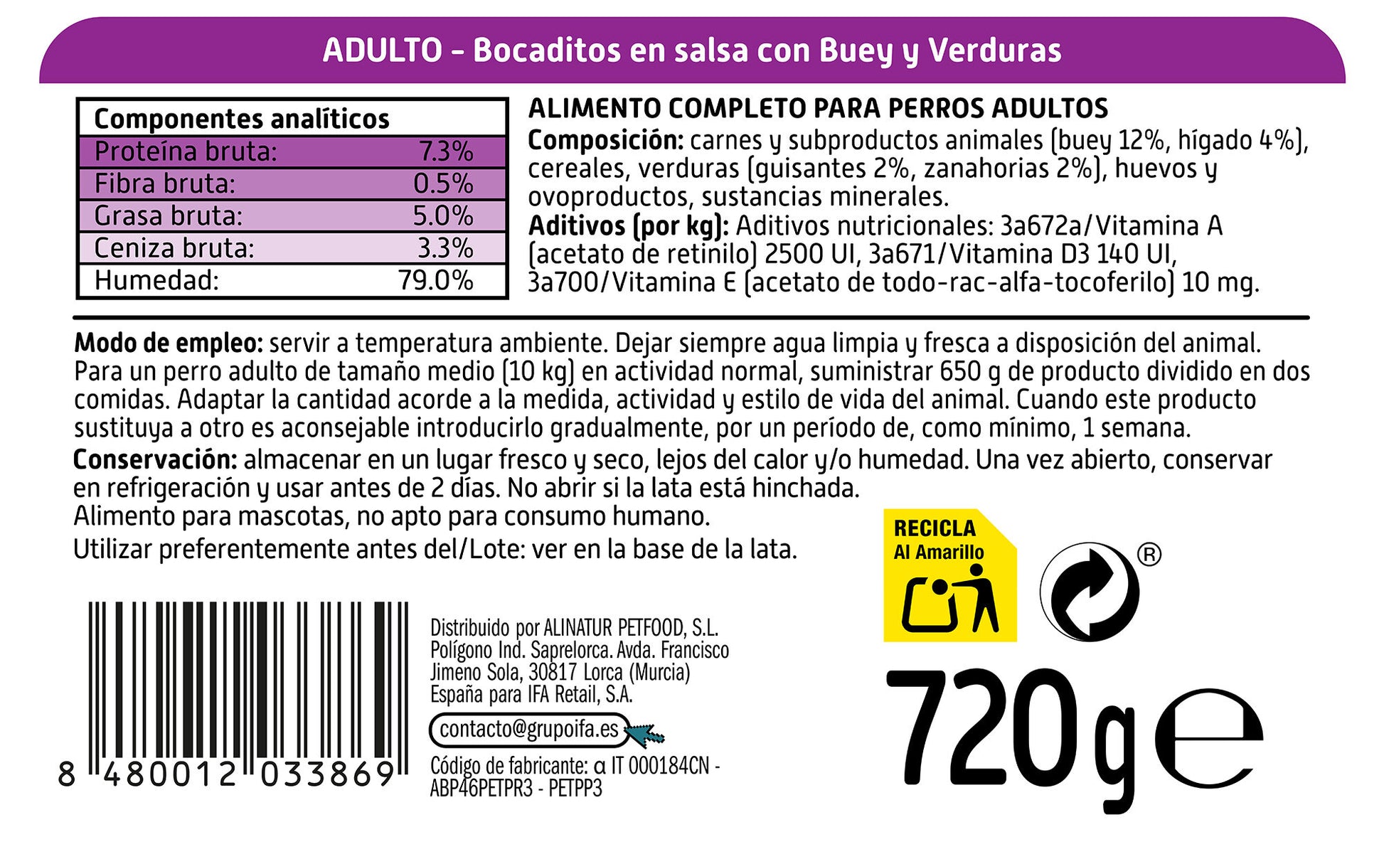 Comida perro bocados buey/verdura lata Ifa amigo 720g