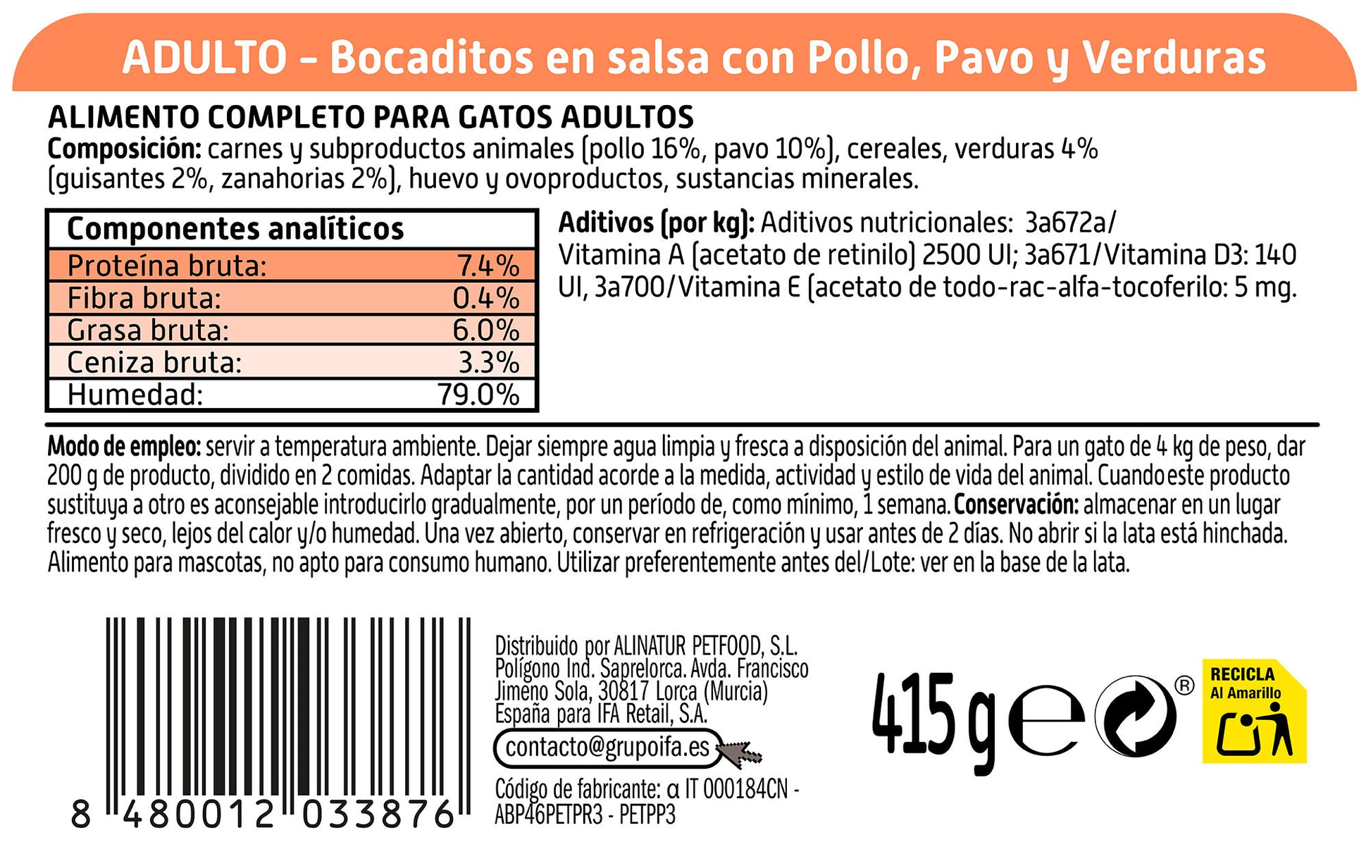 Comida húmeda gato bocados pollo/pavo/verduras lata Ifa amigo 415g