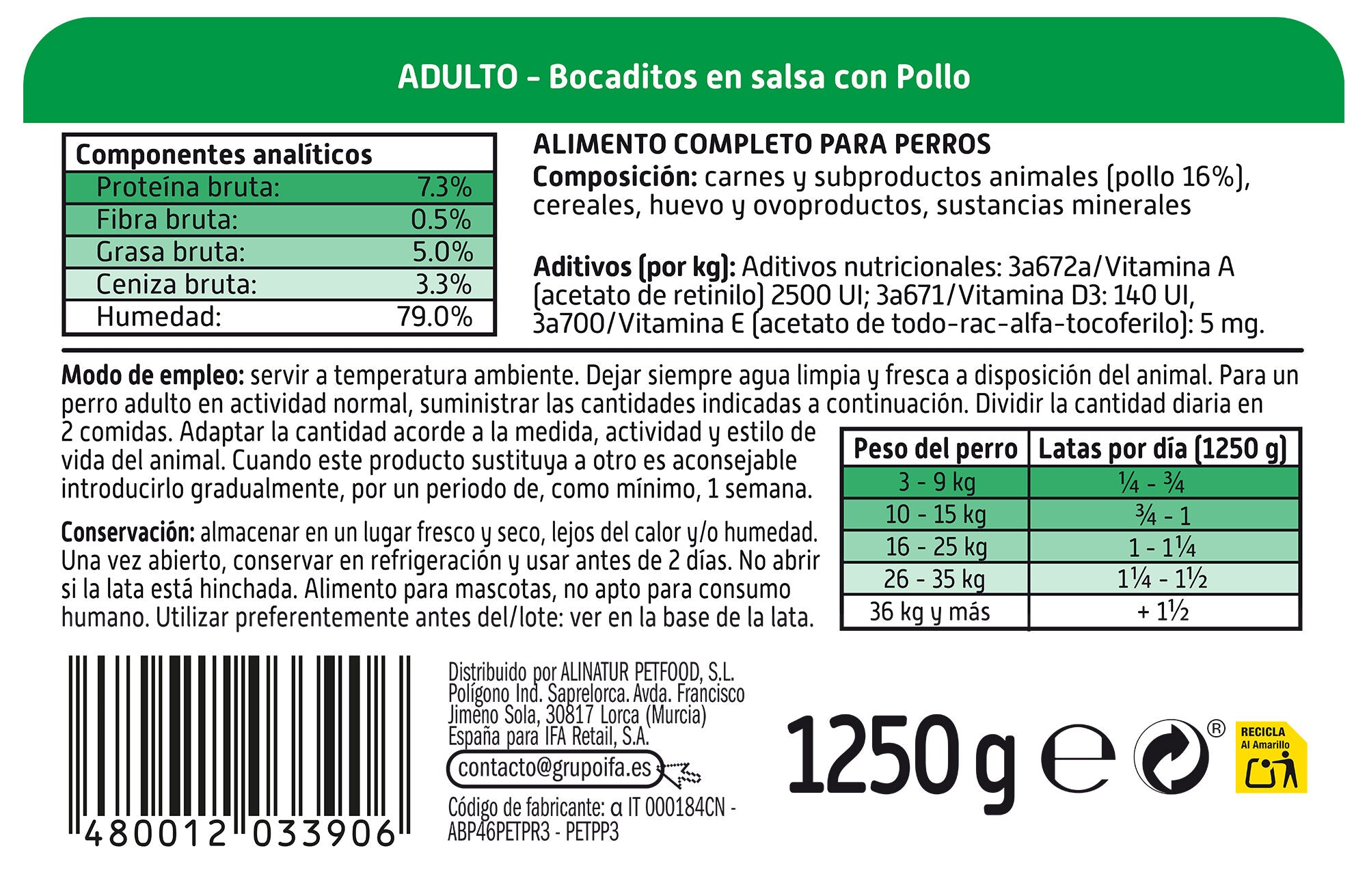 Comida perro bocaditos de pollo lata Ifa amigo 1250g
