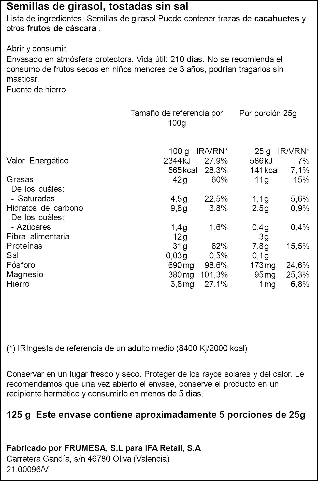Pipa girasol cascara s/sal Ifa eliges 125g