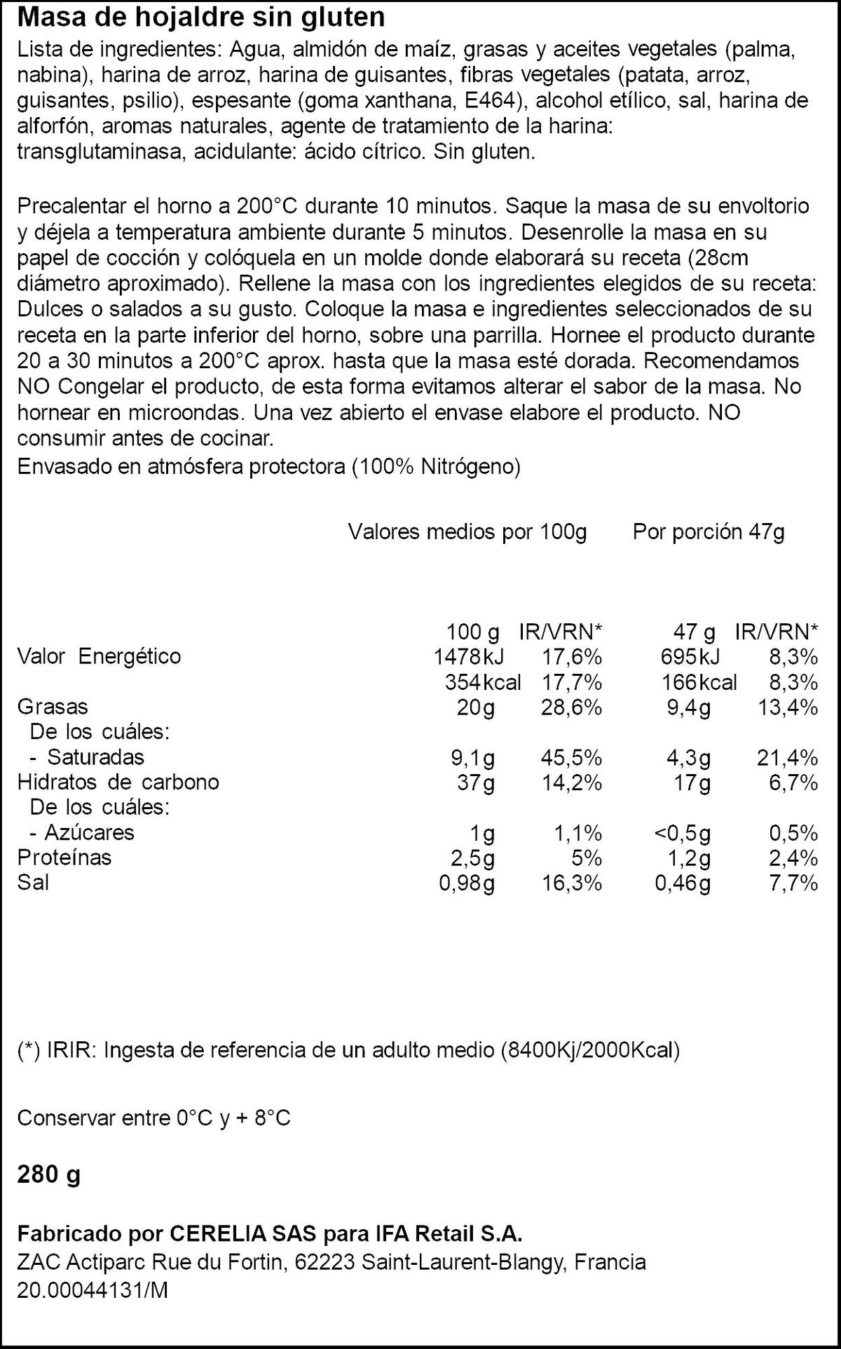 Masa de hojaldre sin gluten Ifa eliges 280g